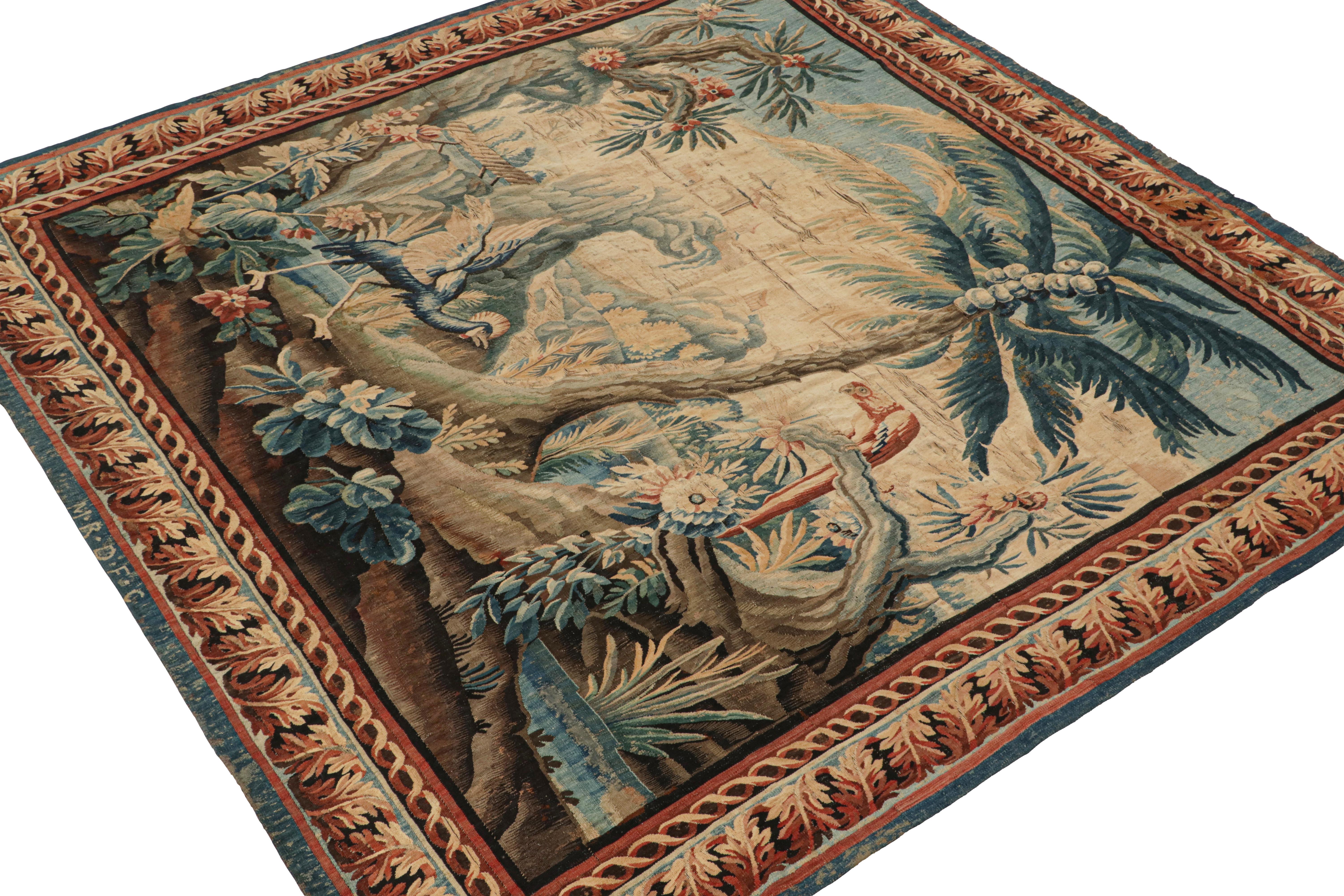 Hand-Knotted Antique French Aubusson Tapestry in Beige and Blue Pictorial rug by Rug & Kilim For Sale