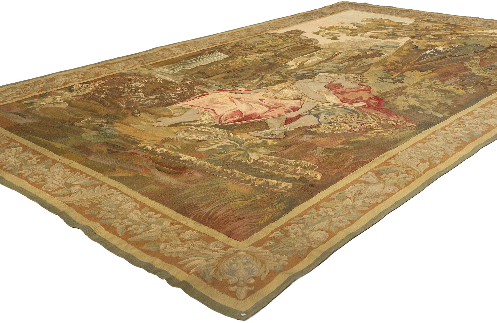 77225 Antique French Aubusson Tapestry Inspired by Francois Boucher, 06'02 x 09'11. Nestled in the heart of Aubusson, France, French Aubusson tapestries have enchanted admirers since the 14th century with their mesmerizing tapestry technique and