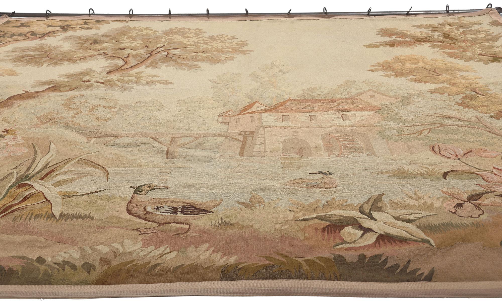 Hand-Woven Antique French Aubusson Tapestry Inspired by Paysage Avec Moulin à Eau For Sale