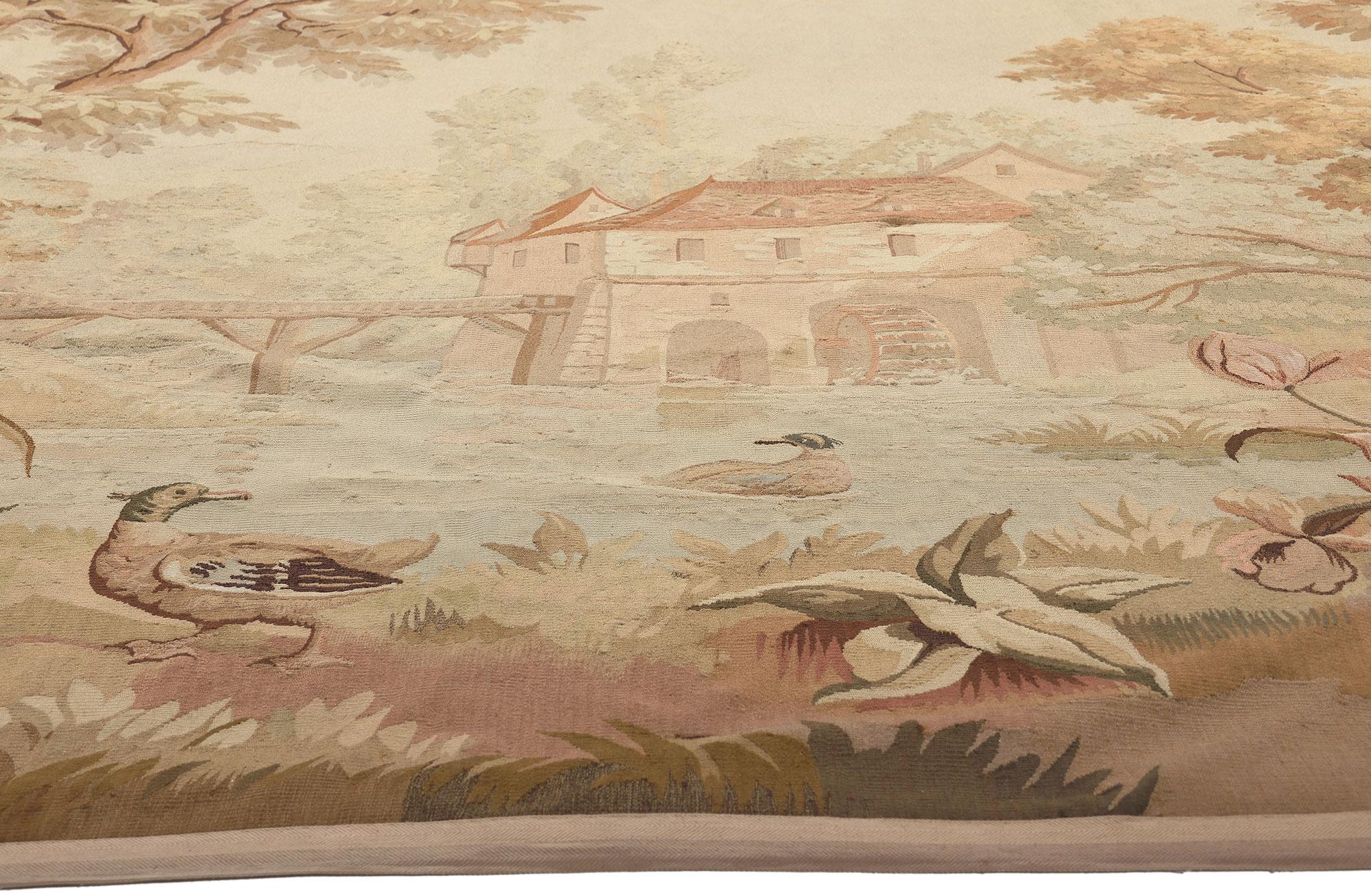 Tissé à la main Ancienne Tapisserie d'Aubusson inspirée du Paysage Avec Moulin à Eau en vente