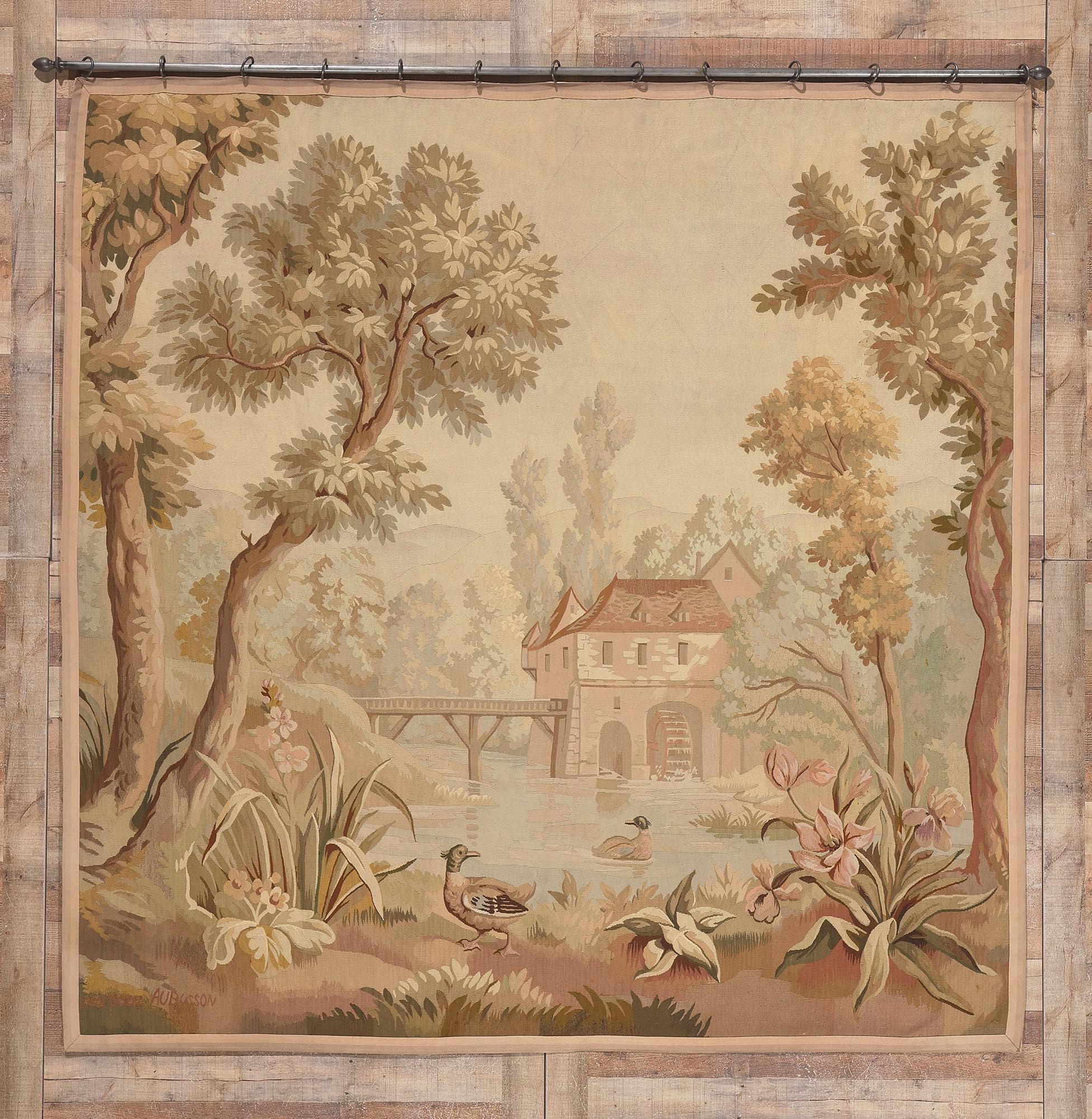 Ancienne Tapisserie d'Aubusson inspirée du Paysage Avec Moulin à Eau en vente 2