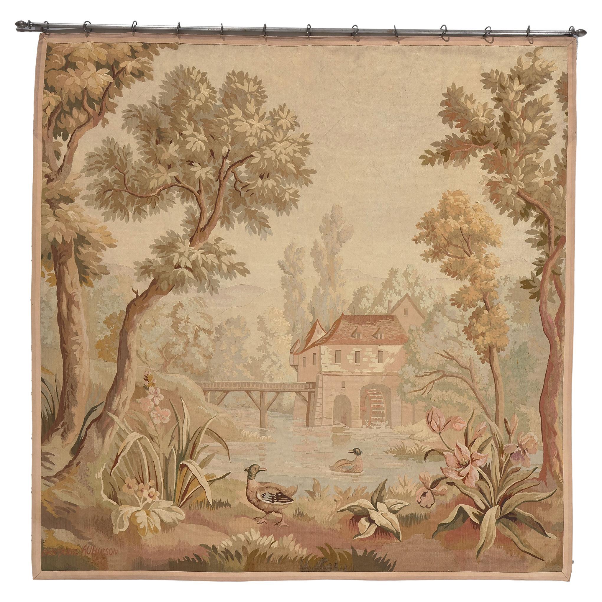 Ancienne Tapisserie d'Aubusson inspirée du Paysage Avec Moulin à Eau en vente