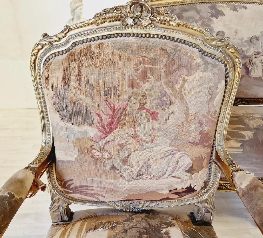 Ensemble de salon français ancien en tapisserie d'Aubusson Louis XV en vente 3
