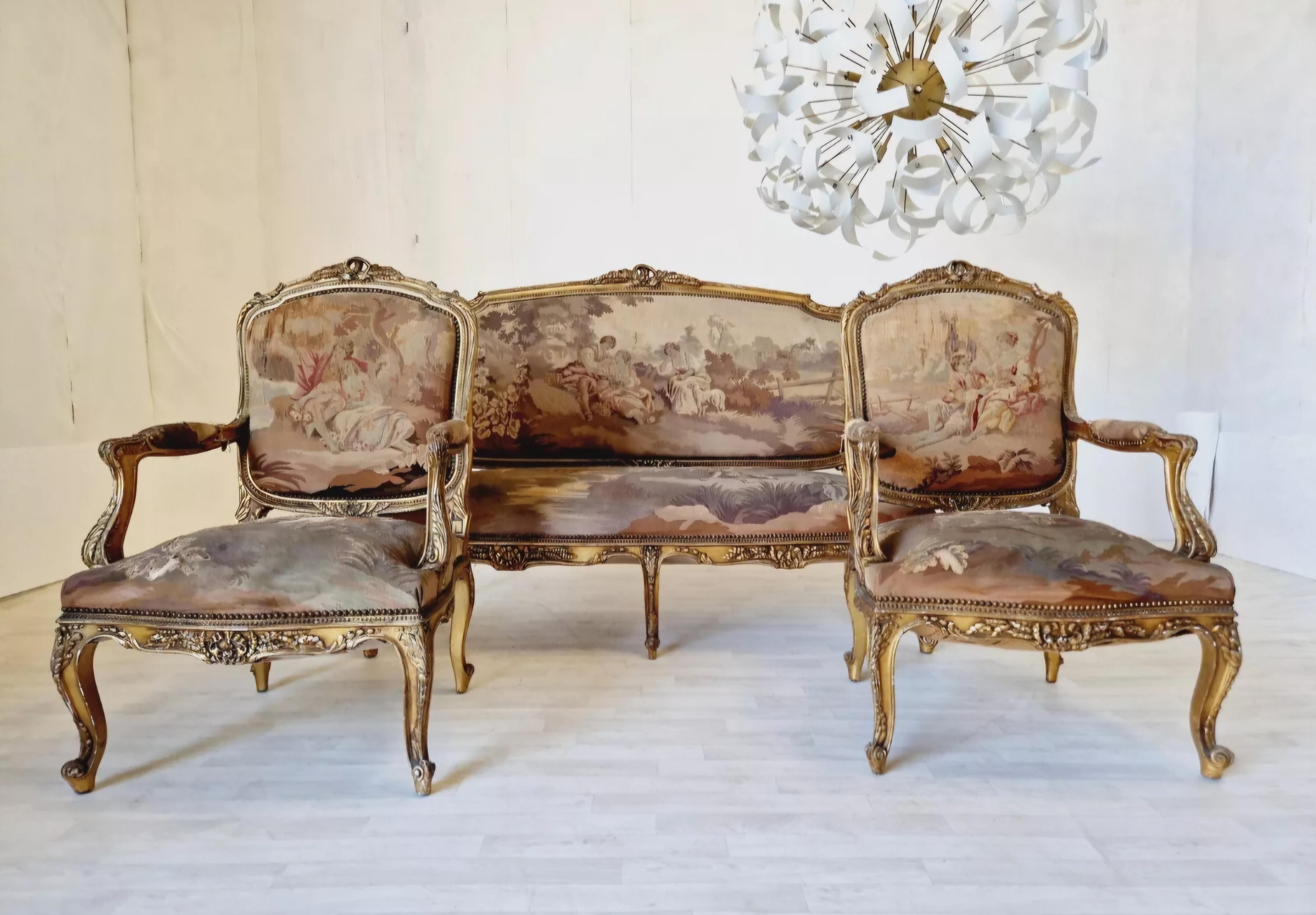 Ensemble de salon français ancien en tapisserie d'Aubusson Louis XV en vente 7
