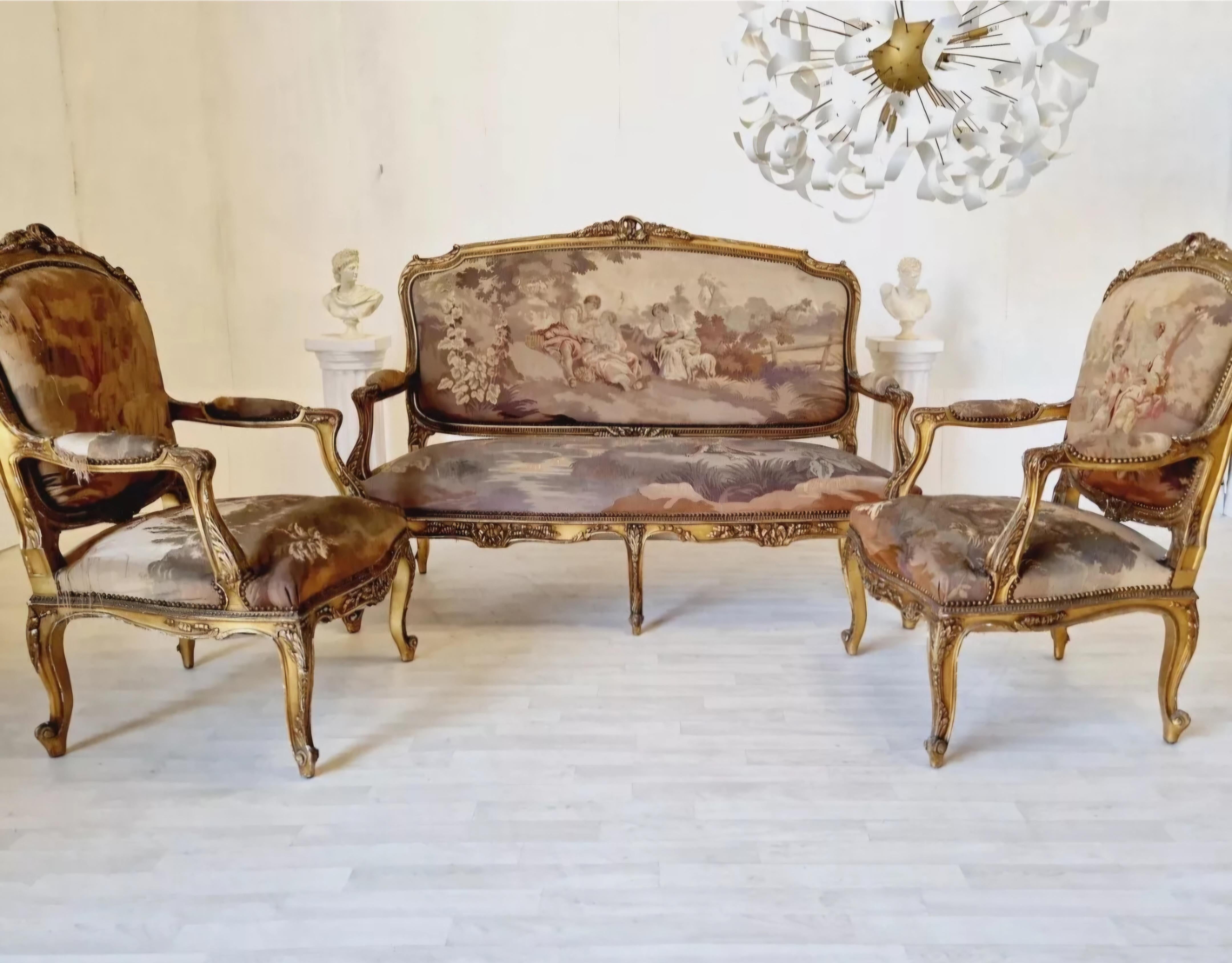 Ensemble de salon français ancien en tapisserie d'Aubusson Louis XV en vente 8