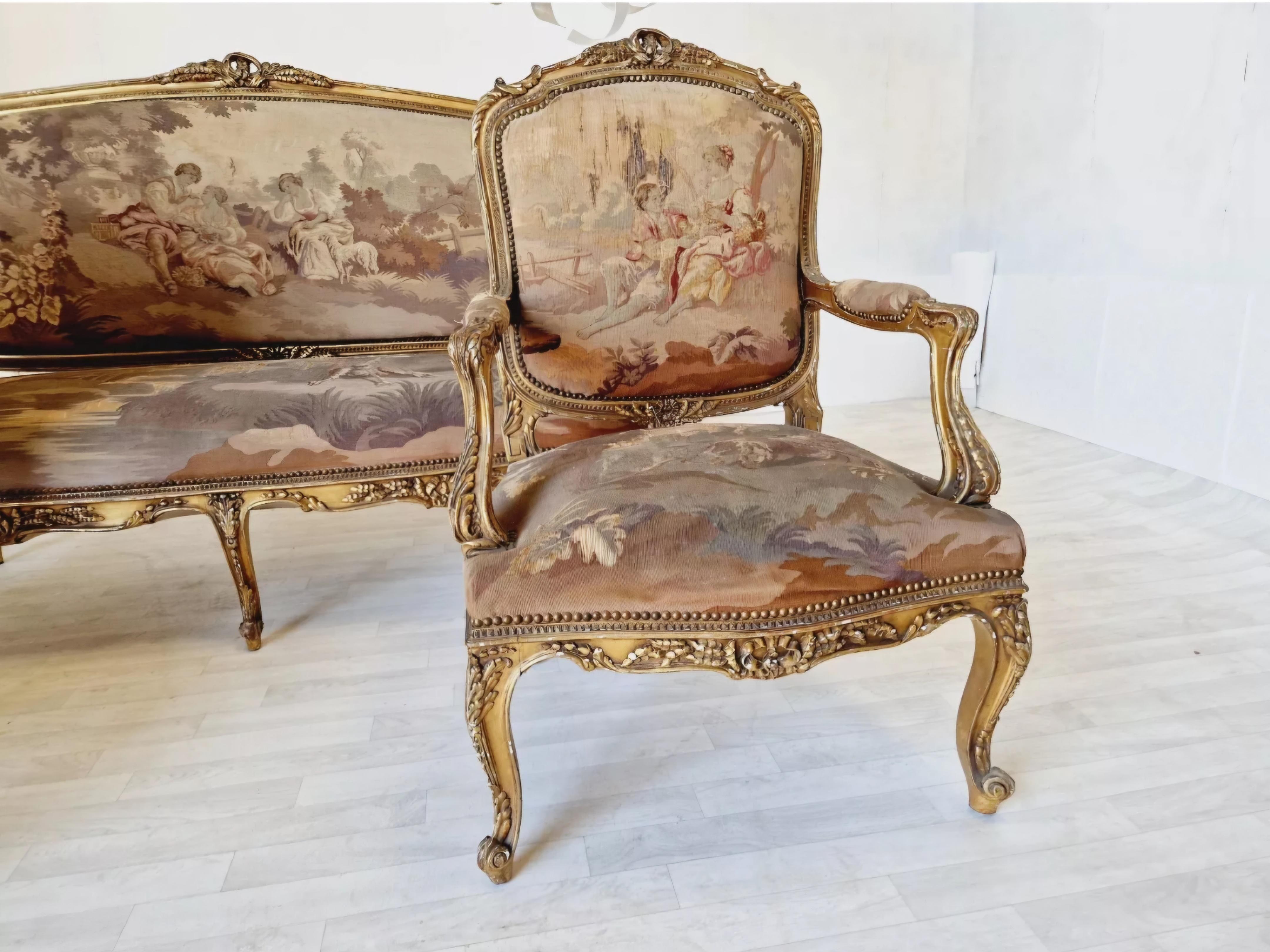Tissé à la main Ensemble de salon français ancien en tapisserie d'Aubusson Louis XV en vente