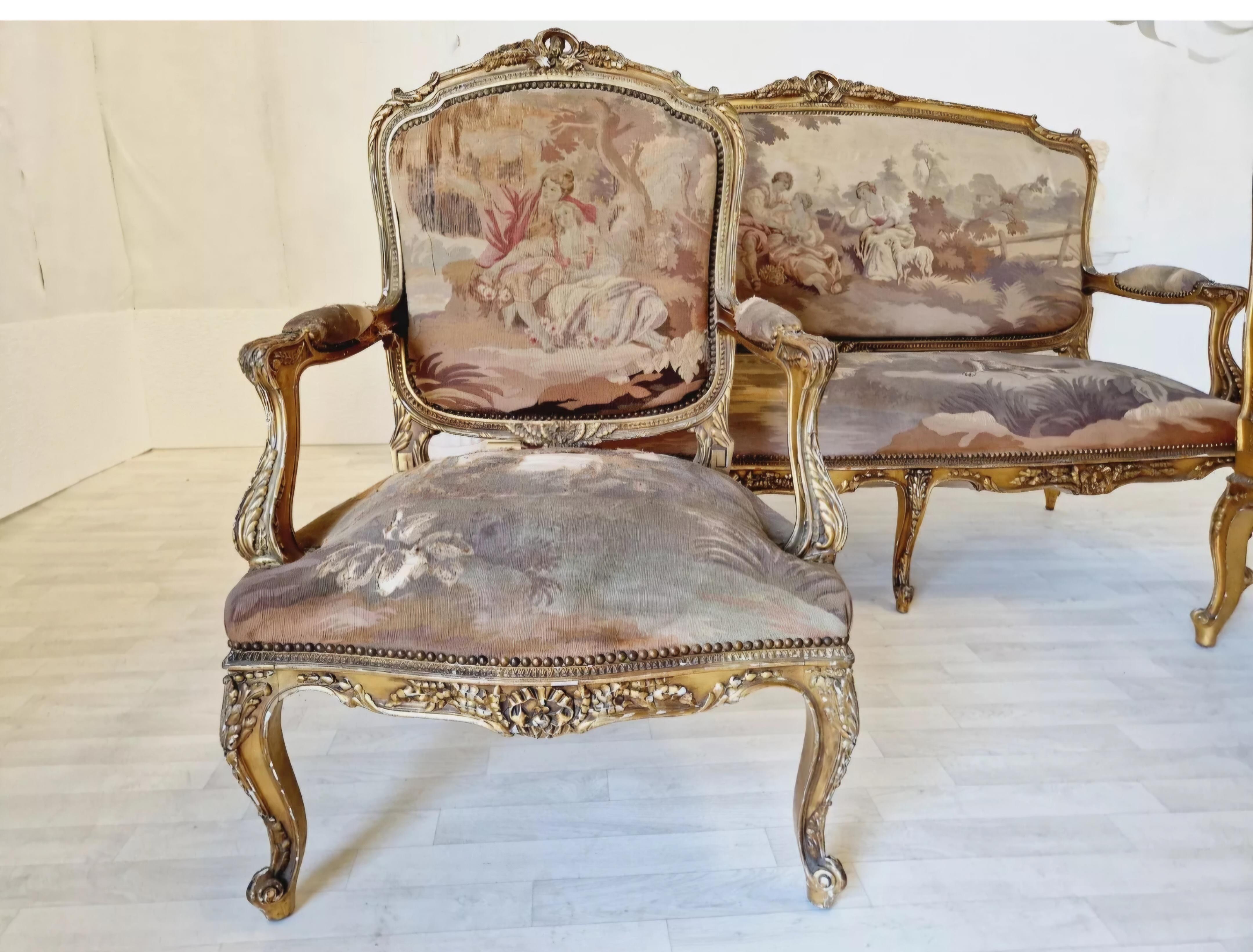 Ensemble de salon français ancien en tapisserie d'Aubusson Louis XV État moyen - En vente à Buxton, GB