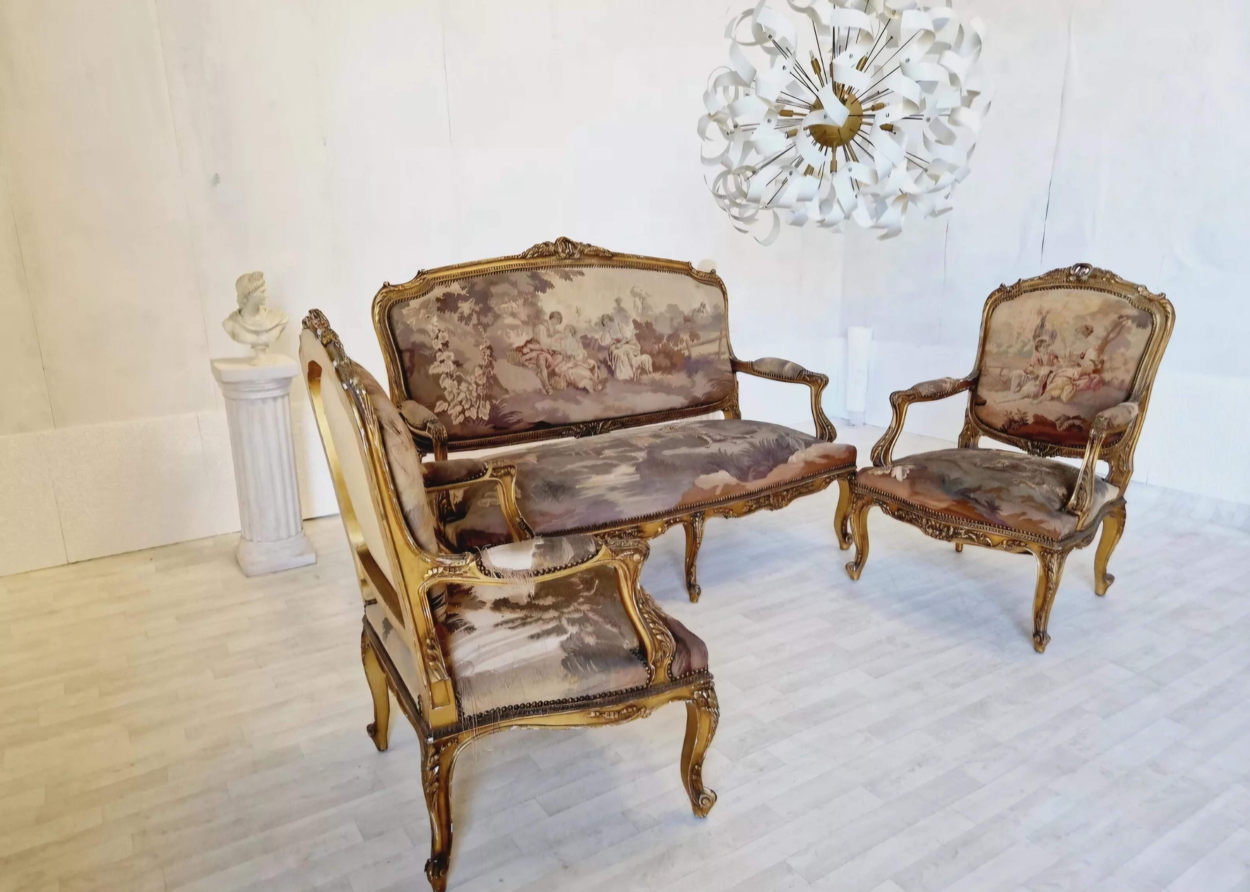 XIXe siècle Ensemble de salon français ancien en tapisserie d'Aubusson Louis XV en vente