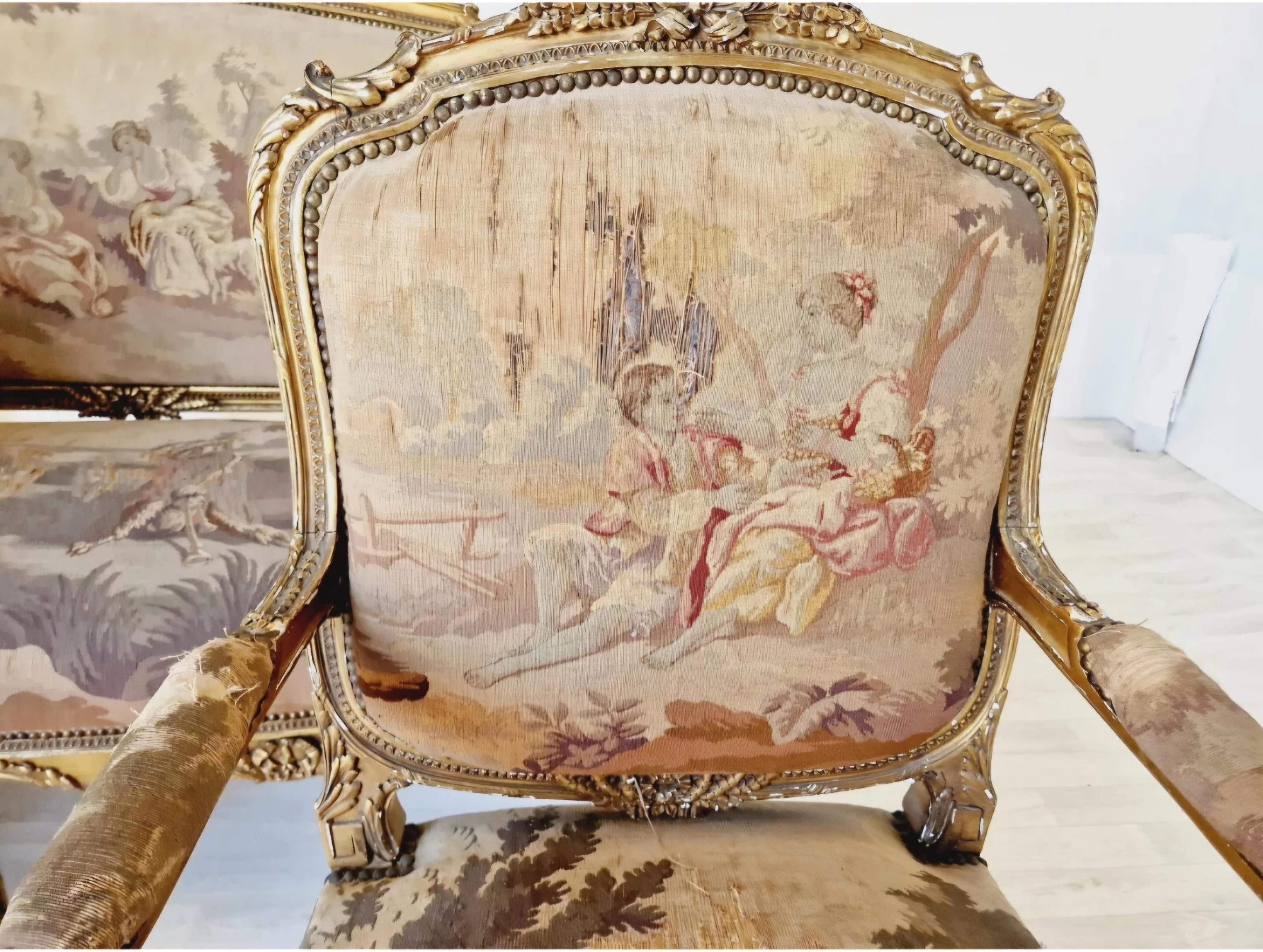 Ensemble de salon français ancien en tapisserie d'Aubusson Louis XV en vente 1