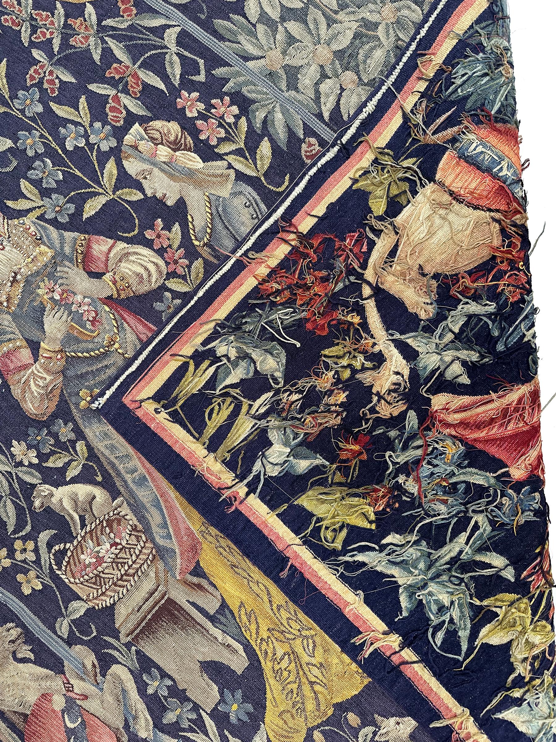 Tapisserie française ancienne d'Aubusson rare laine et soie Renaissance 4x5 1890 132x155cm en vente 3
