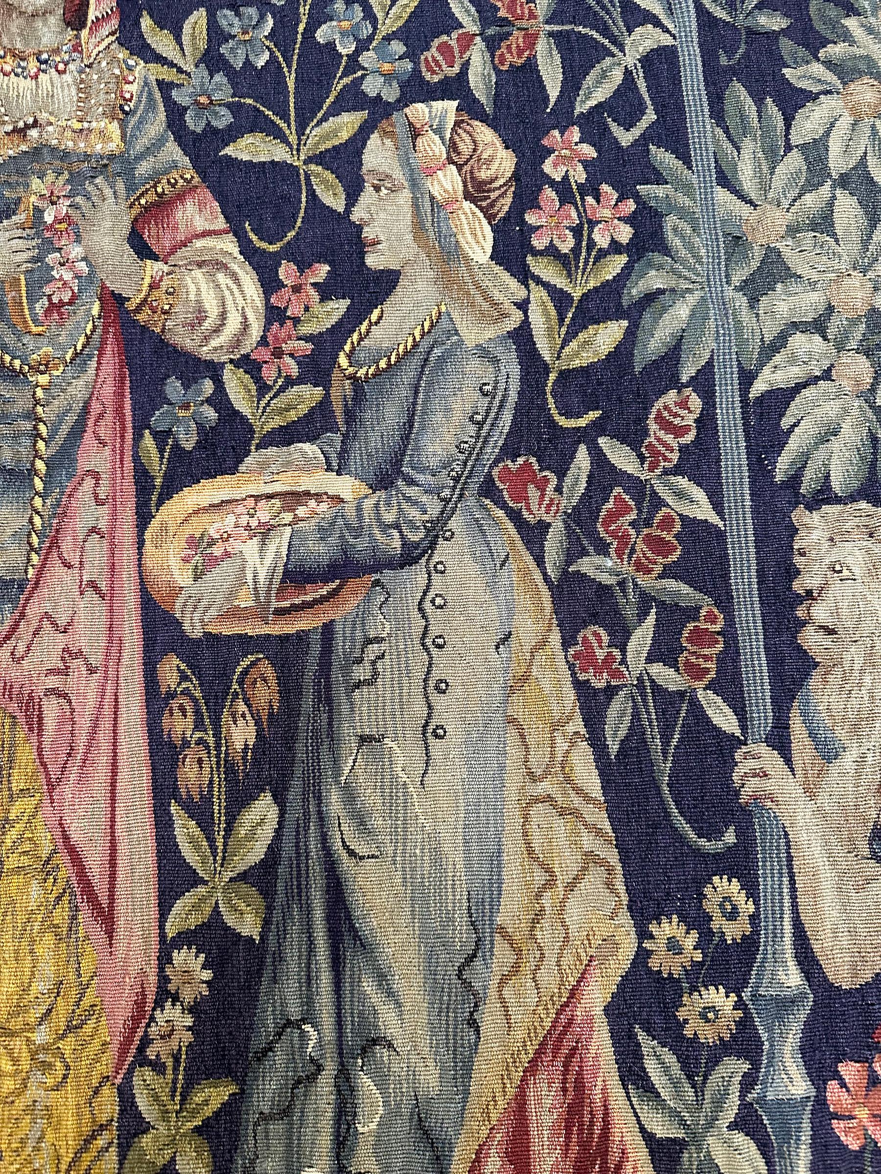 Tissé à la main Tapisserie française ancienne d'Aubusson rare laine et soie Renaissance 4x5 1890 132x155cm en vente