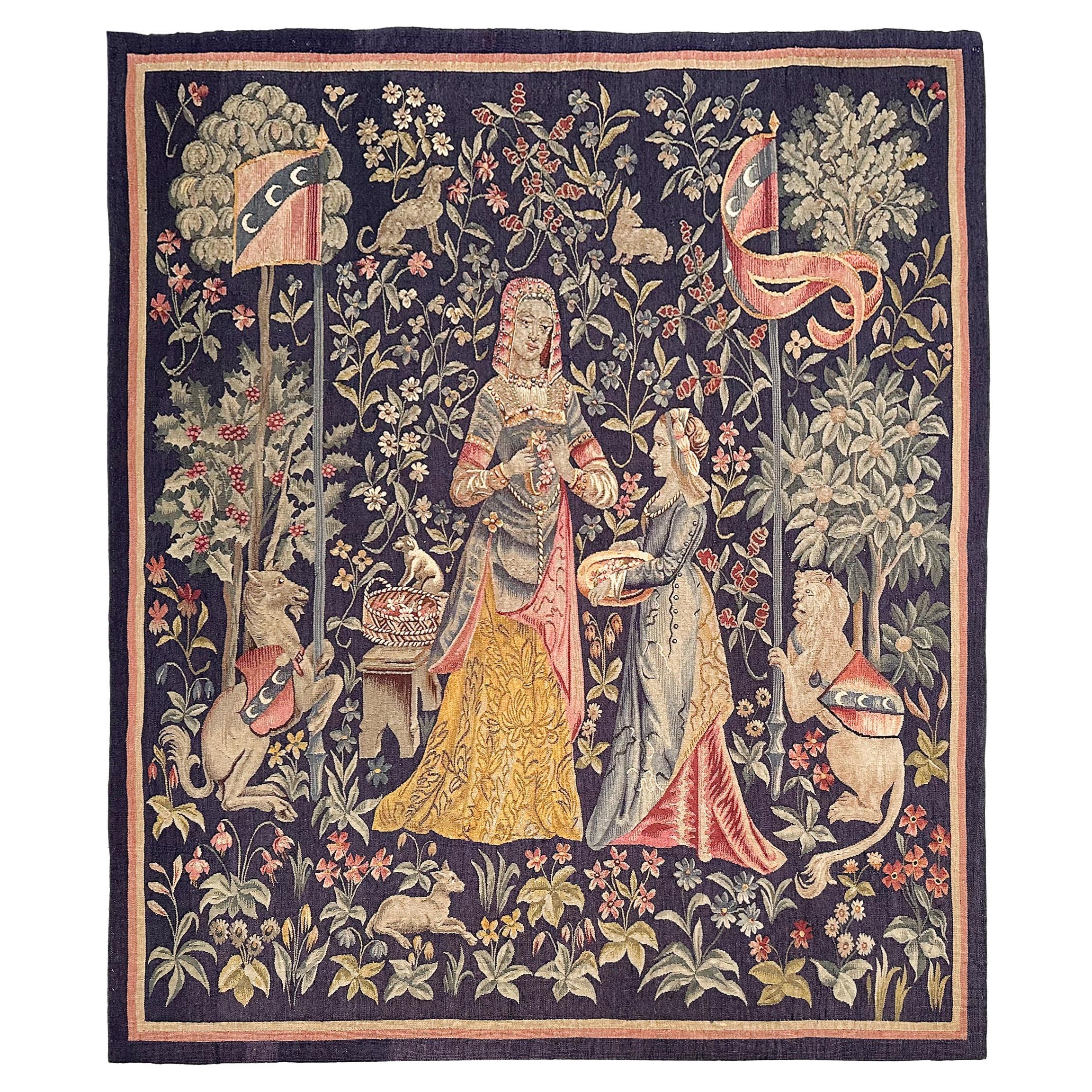 Antique French Aubusson Tapestry Rare Wool & Silk Renaissance 4x5 1890 132x155cm For Sale