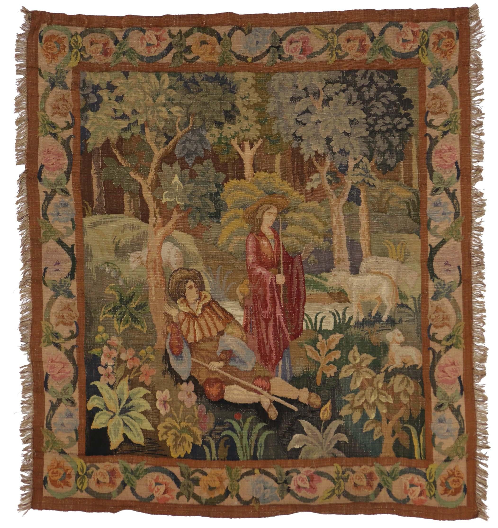 Antique French Aubusson Tapestry, Shepherd and Shepherdess Verdure Wall Hanging In Good Condition In Dallas, TX