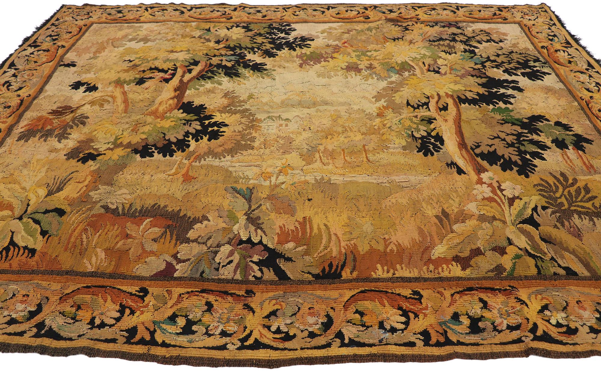 Hand-Woven Antique French Aubusson Verdure Tapestry with Traditional Old World Style