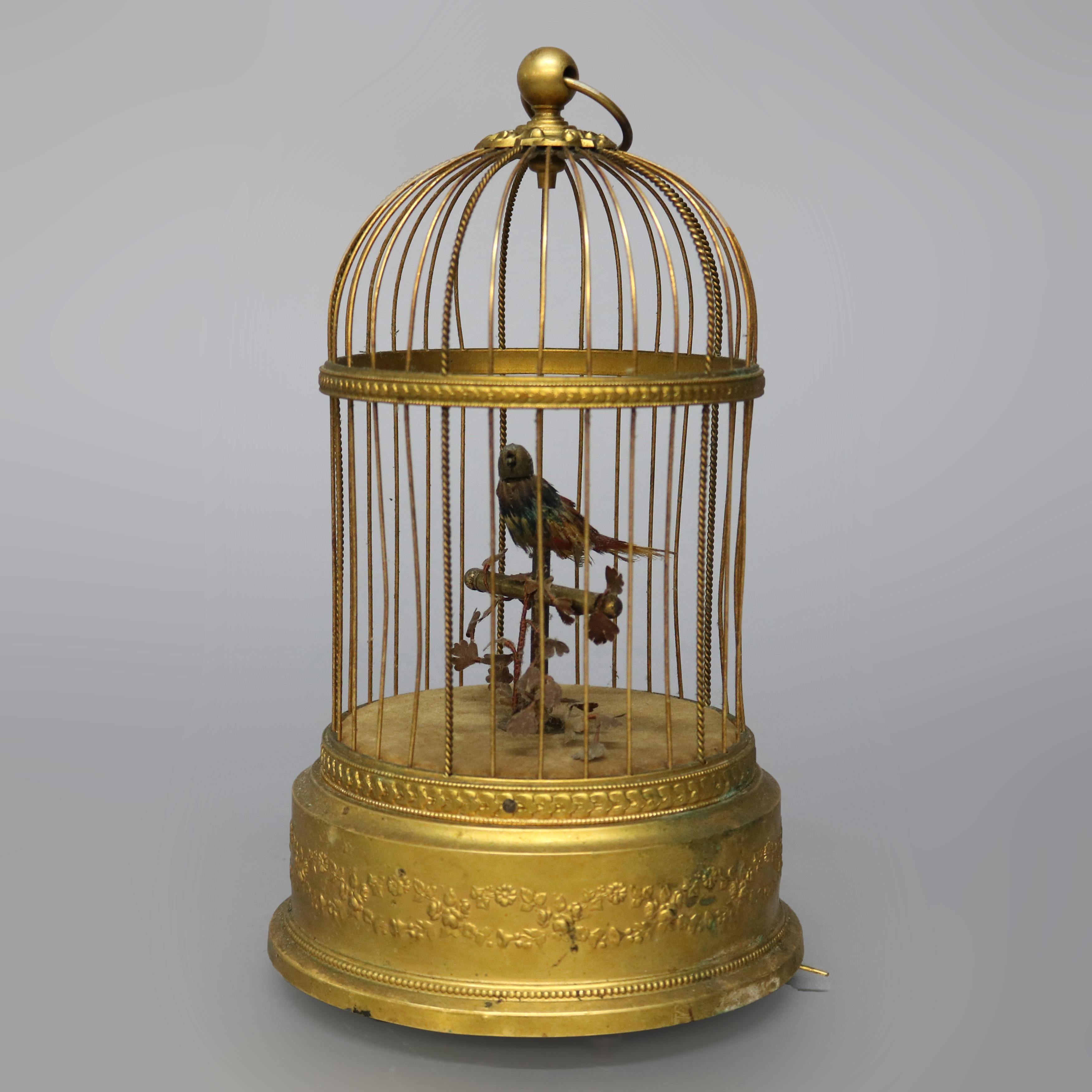 Français Automate français ancien:: oiseau chantant dans une cage en laiton:: boîte à musique:: circa 1880