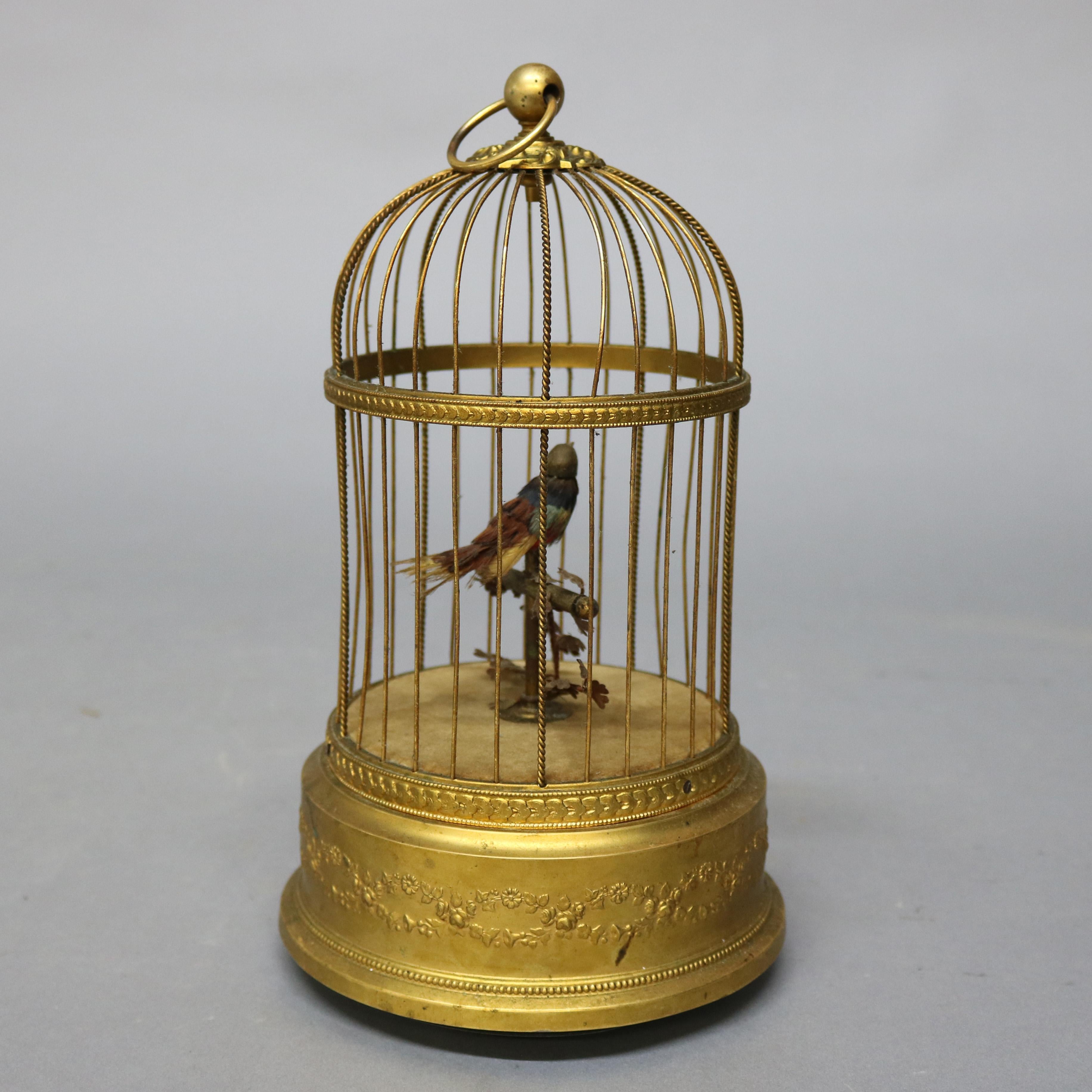 Automate français ancien:: oiseau chantant dans une cage en laiton:: boîte à musique:: circa 1880 Bon état à Big Flats, NY