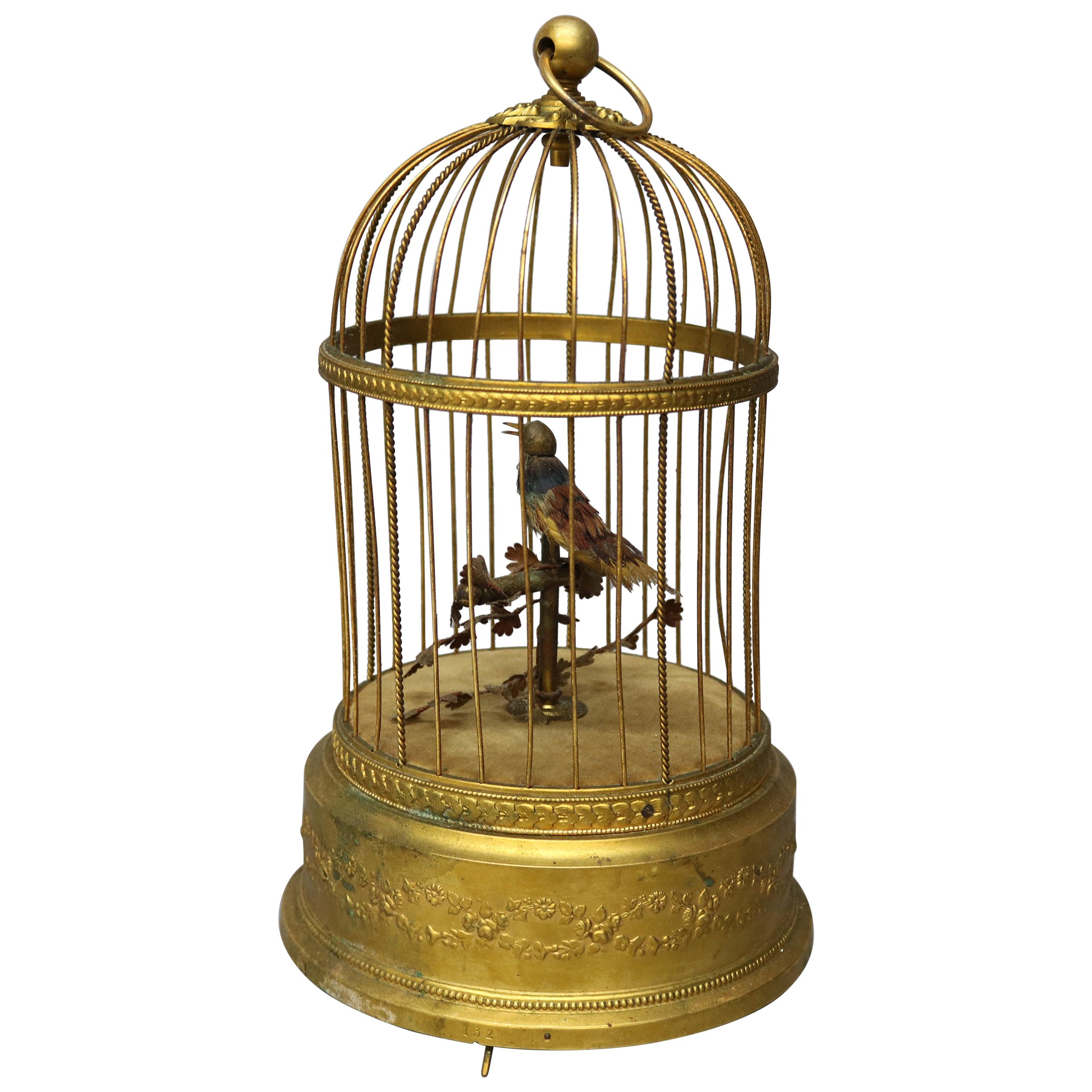 Antique French Automaton Singing Bird in Brass Cage, Music Box, circa 1880