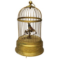 Antique French Automaton Singing Bird in Brass Cage, Music Box, circa 1880