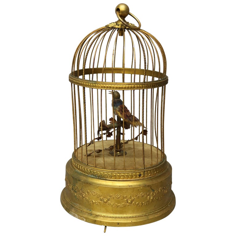 Antique French Automaton Singing Bird in Brass Cage, Music Box, circa