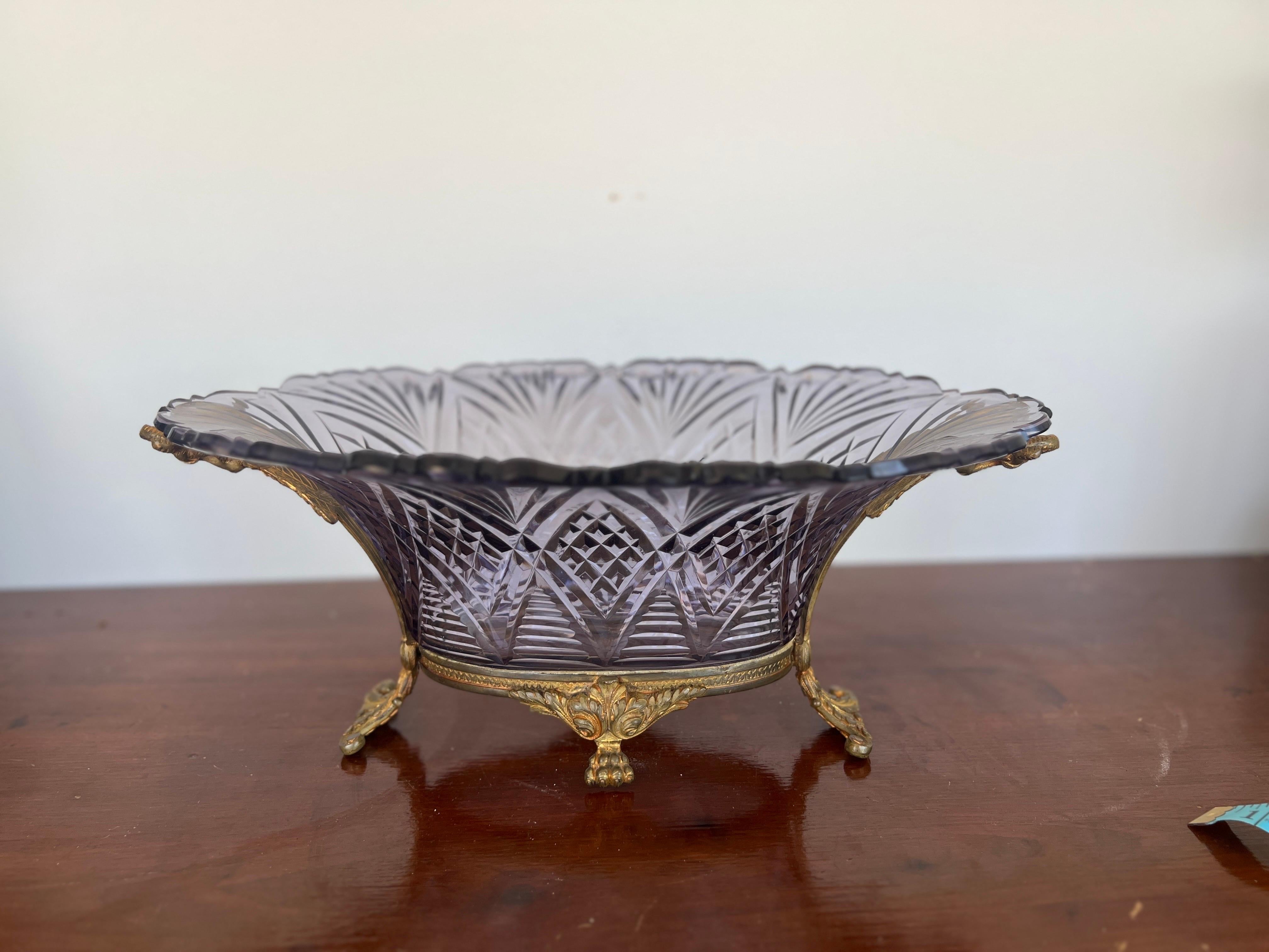 19th Century Antique French Baccarat Amethyst Glass and Ormolu Mounted Centerpiece Bowl For Sale