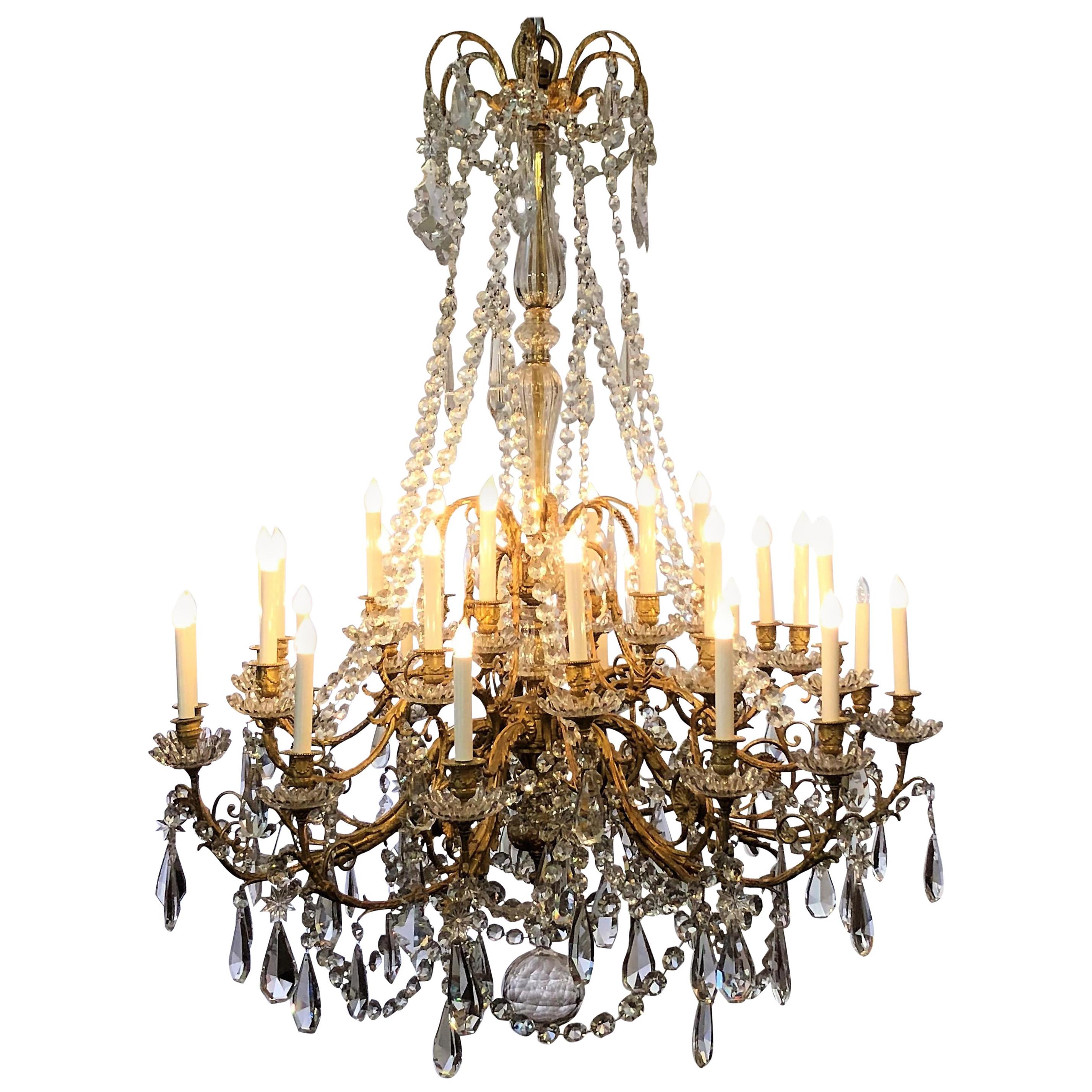 Antique French Baccarat Crystal and Bronze Dore 30-Light Chandelier For Sale