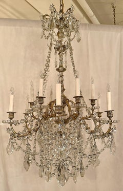 Antique French Baccarat Crystal and Gold Bronze 12 Light Chandelier, Circa 1895.