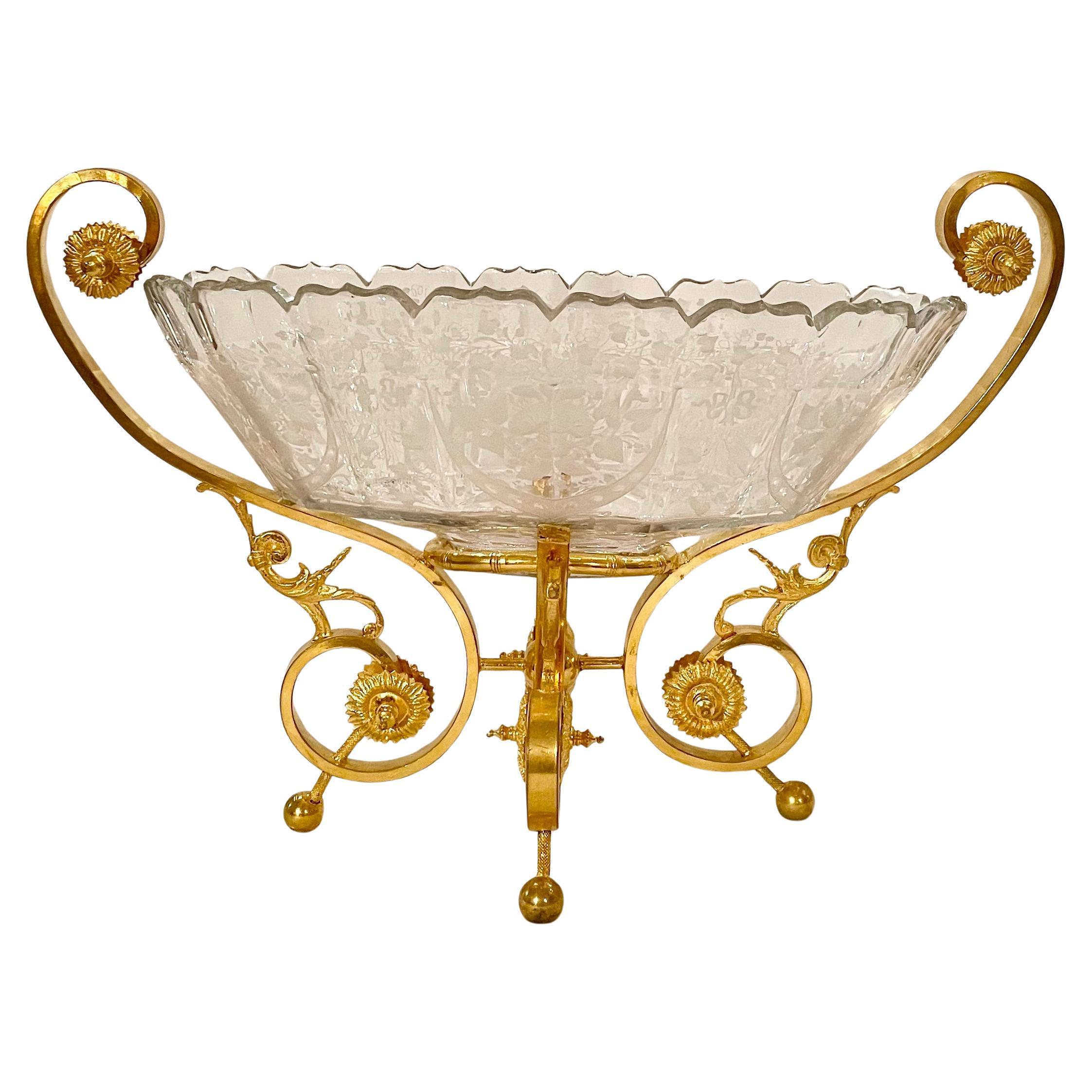 Antique French Baccarat Crystal and Gold Bronze 3 Piece Garniture Set, Circa 1890's.
Centerpiece Bowl:
12
