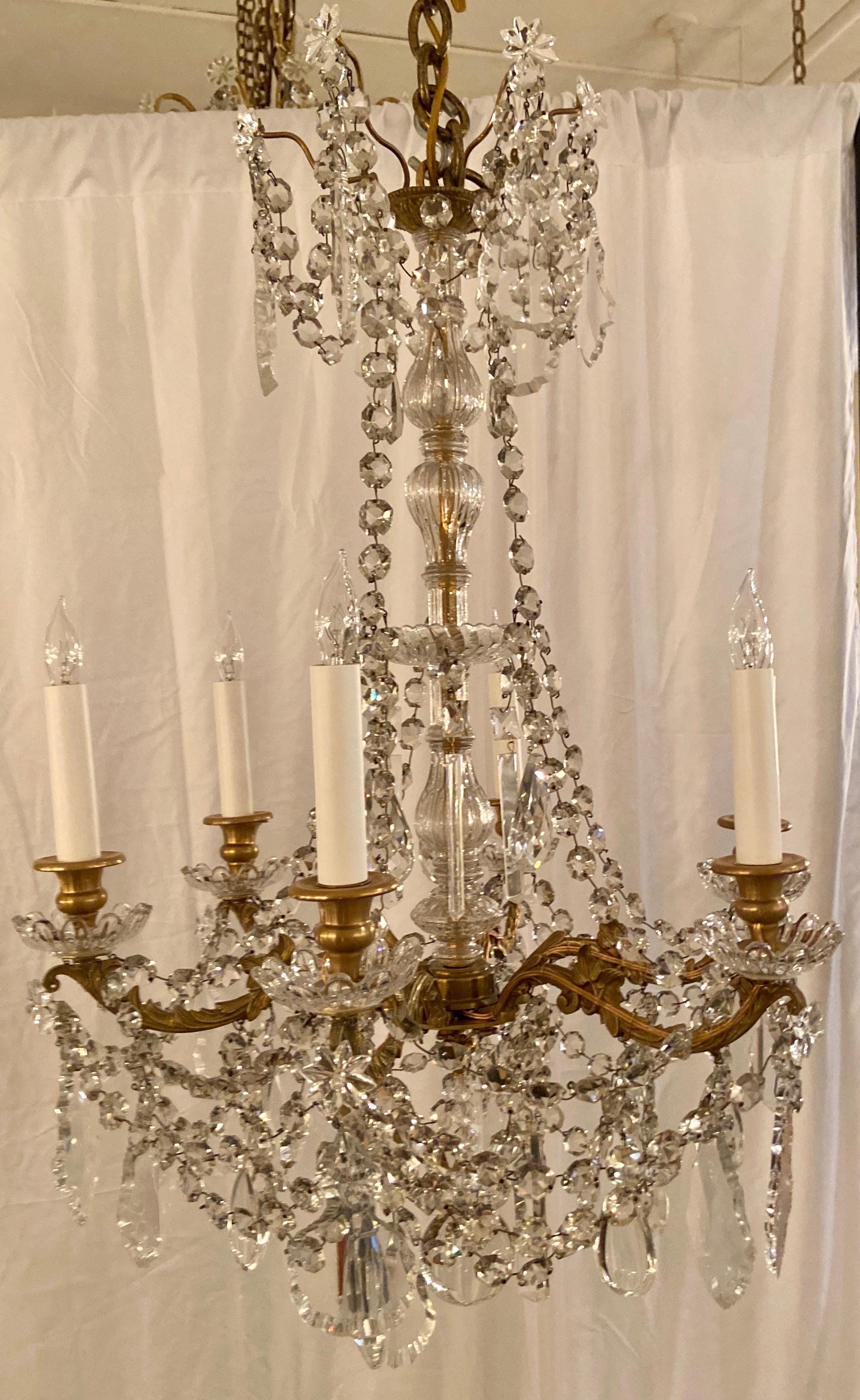 Antique French Baccarat crystal and gold bronze 6-light chandelier, Circa 1890.