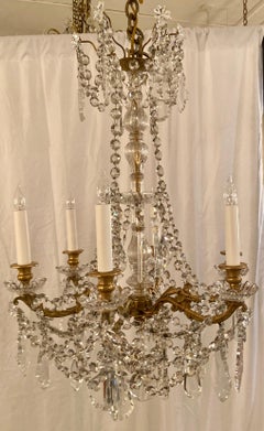 Antique French Baccarat Crystal and Gold Bronze 6-Light Chandelier, Circa 1890