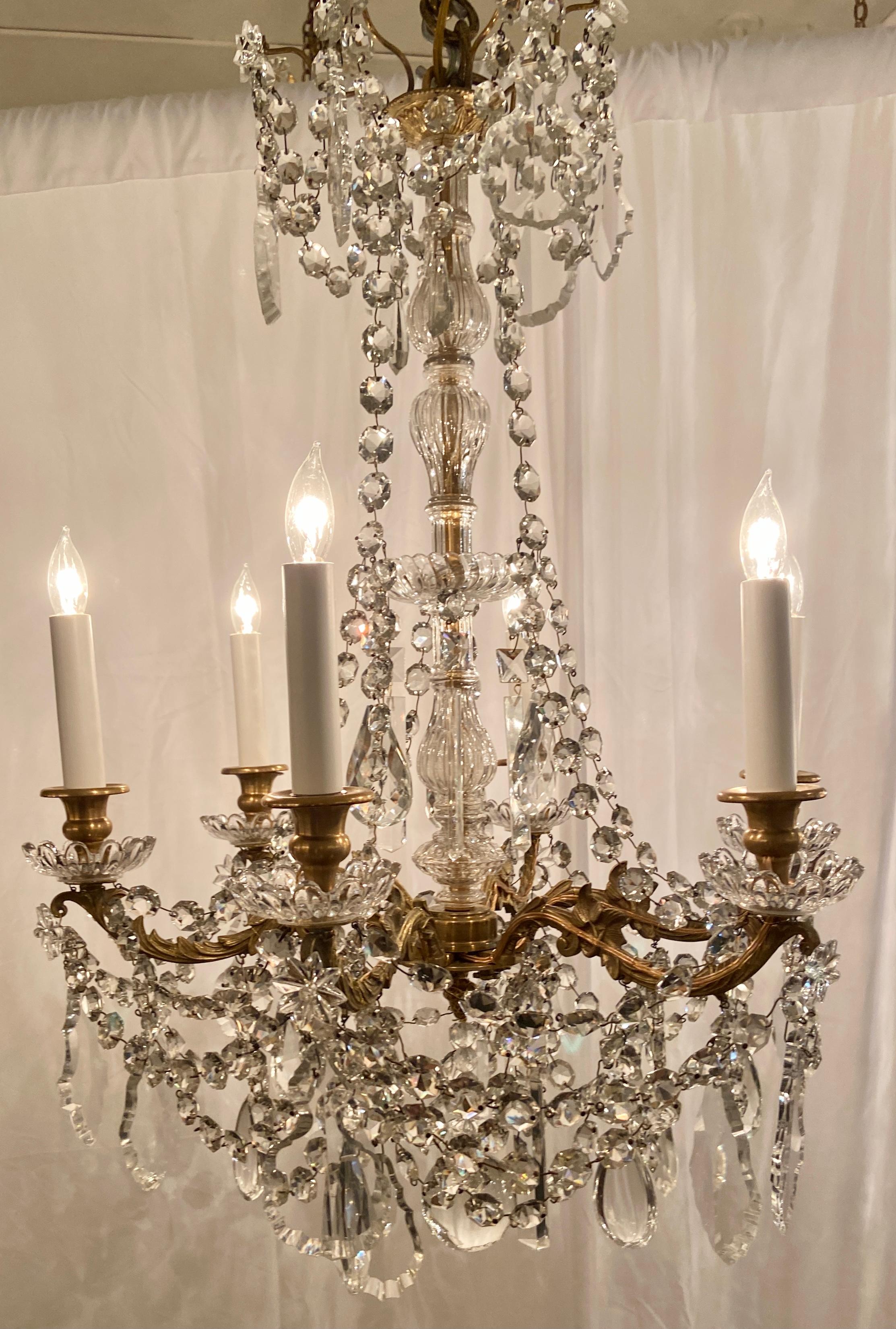19th Century Antique French Baccarat Crystal and Gold Bronze 6-Light Chandelier, Circa 1890