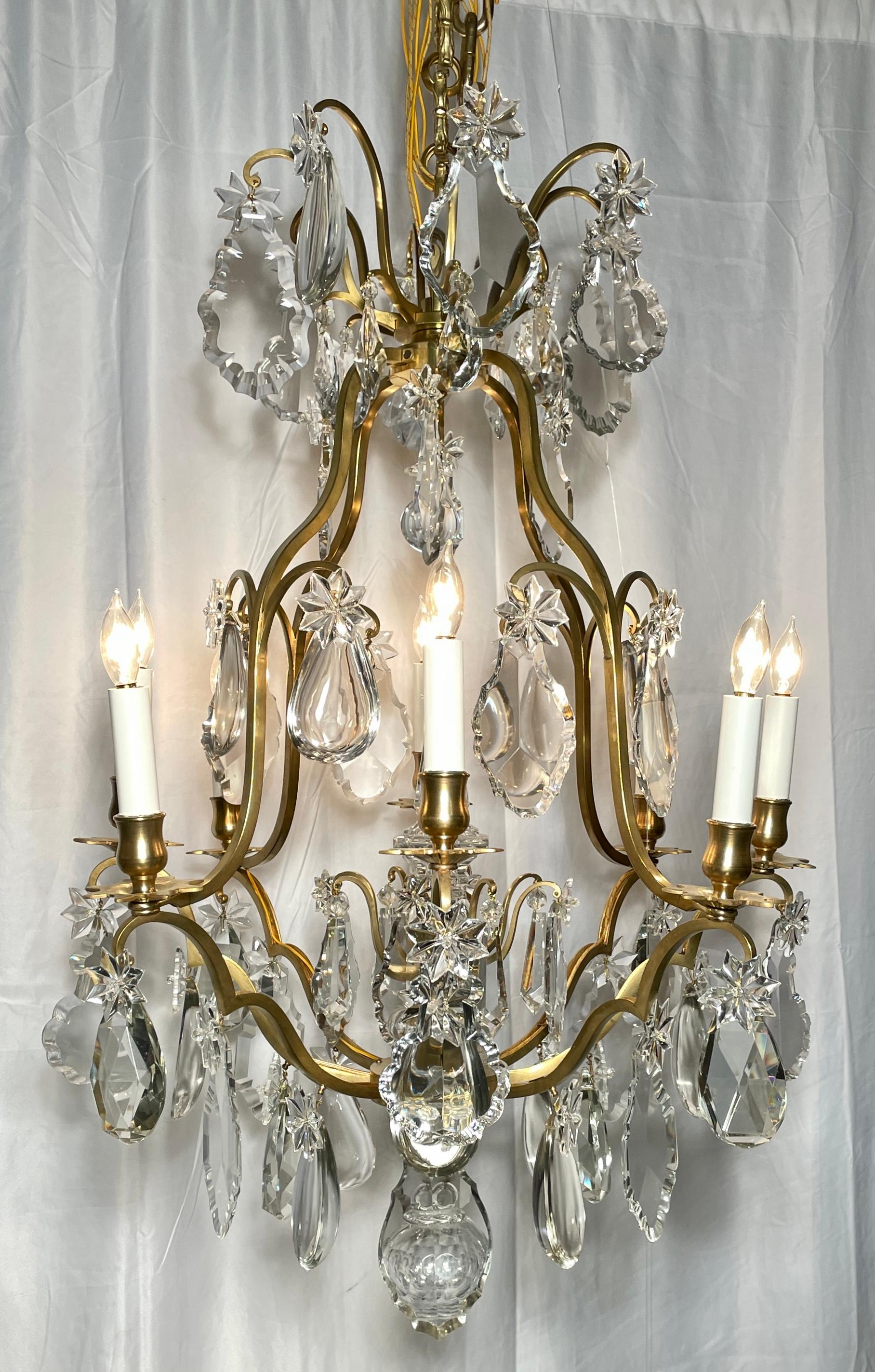 Antique French Baccarat crystal and gold bronze 8 light chandelier, Circa 1890.