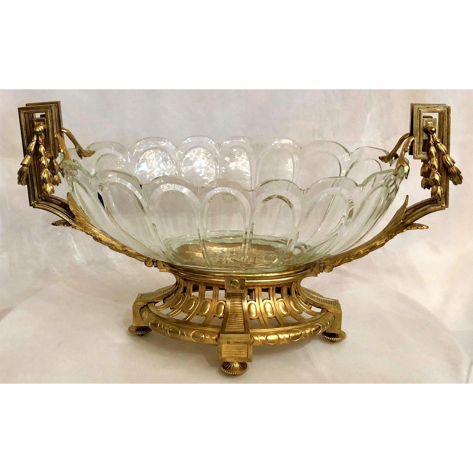 Antique French Baccarat crystal and gold bronze centerpiece epergne, circa 1880.
 