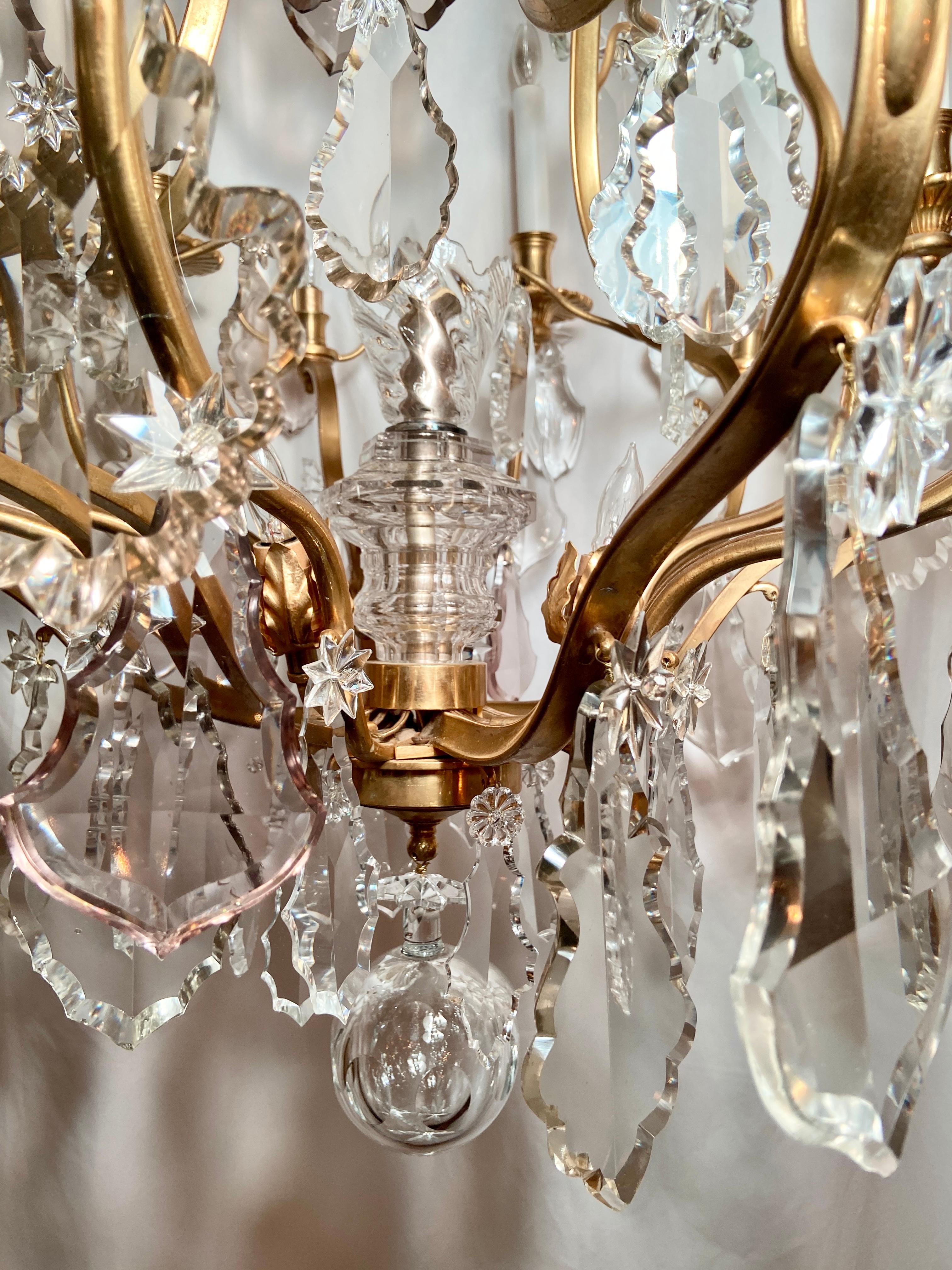 19th Century Antique French Baccarat Crystal and Gold Bronze Chandelier, Circa 1880 For Sale