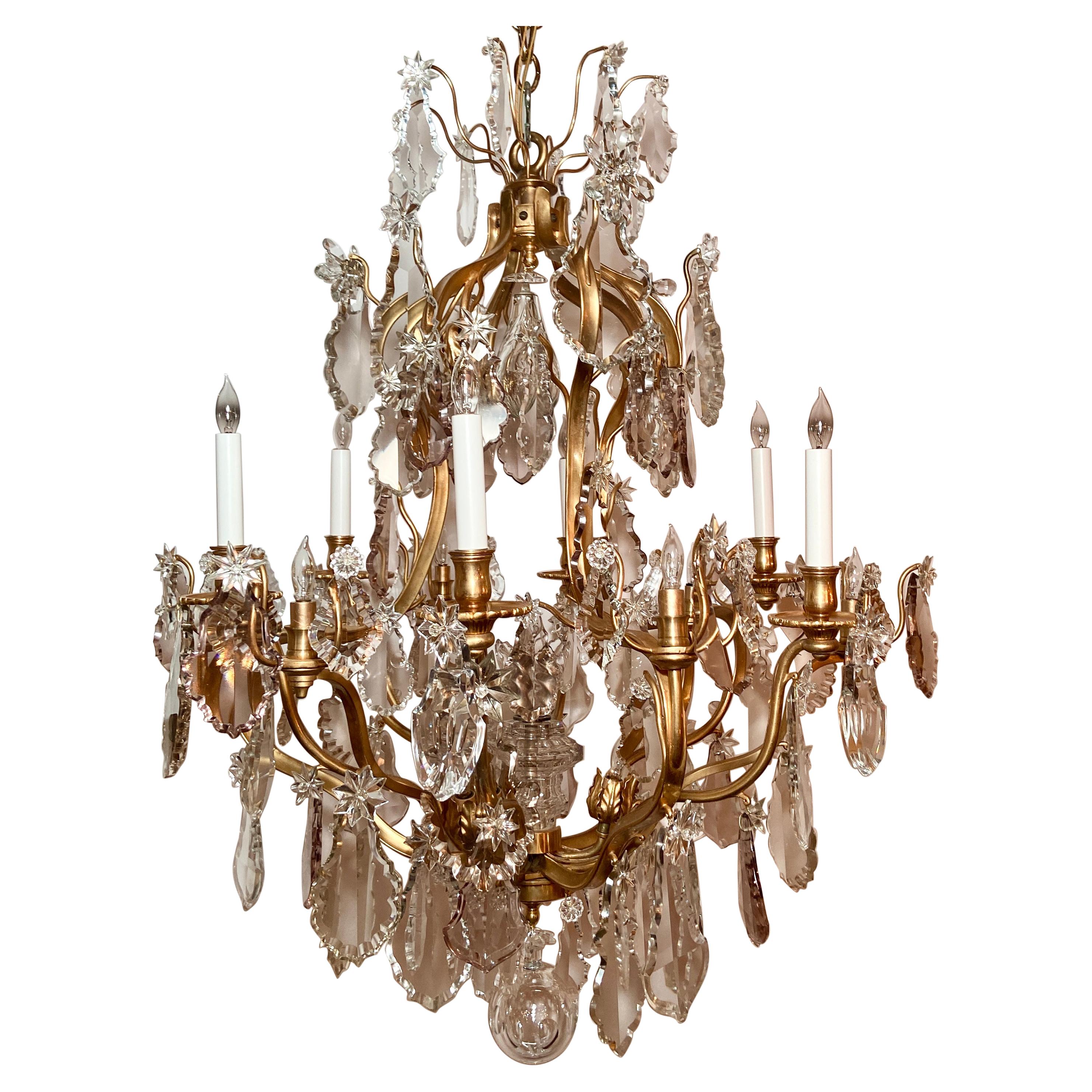 Antique French Baccarat Crystal and Gold Bronze Chandelier, Circa 1880 For Sale