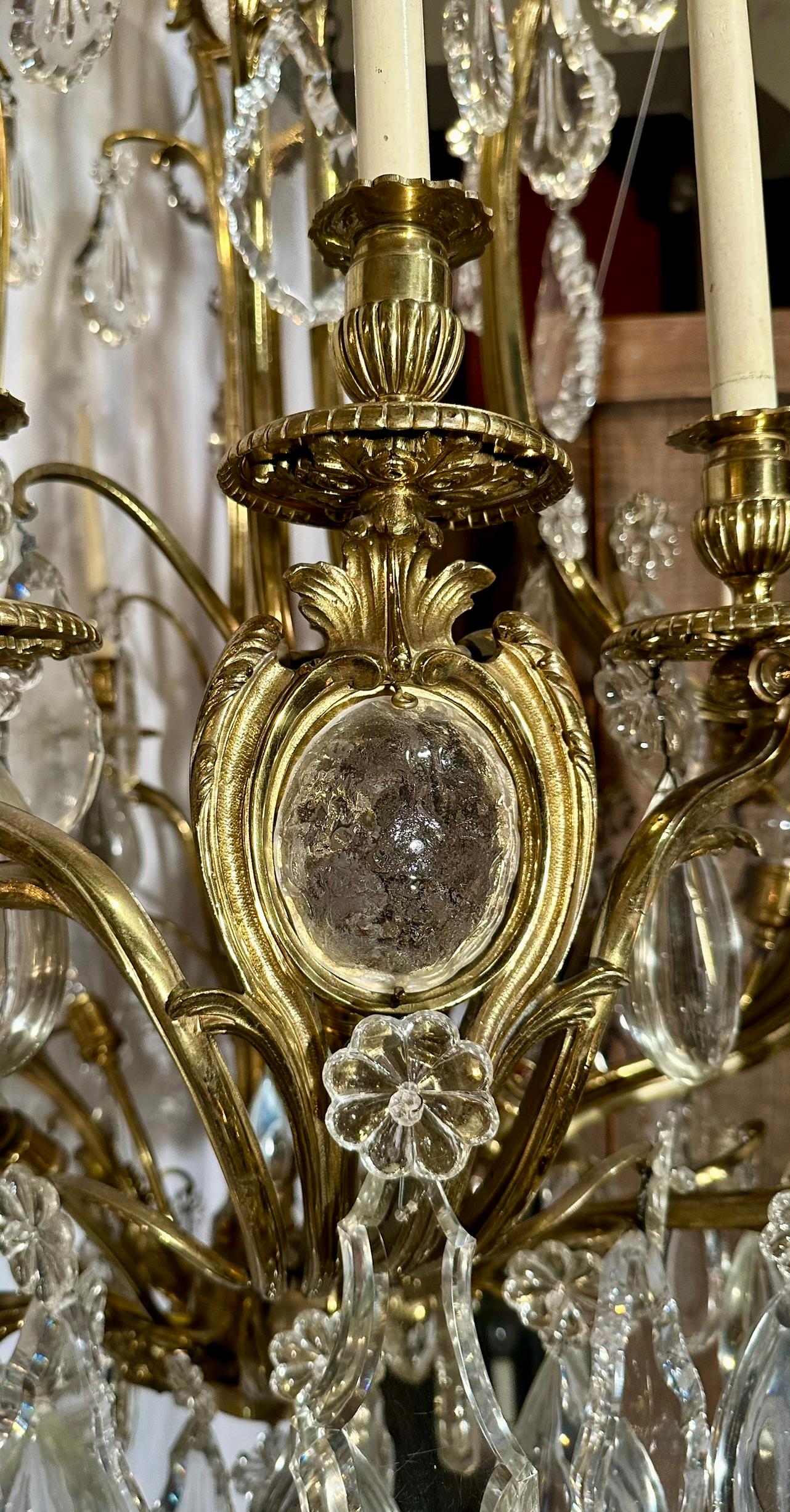 19th Century Antique French Baccarat Crystal and Gold Bronze Chandelier, Circa 1890 For Sale