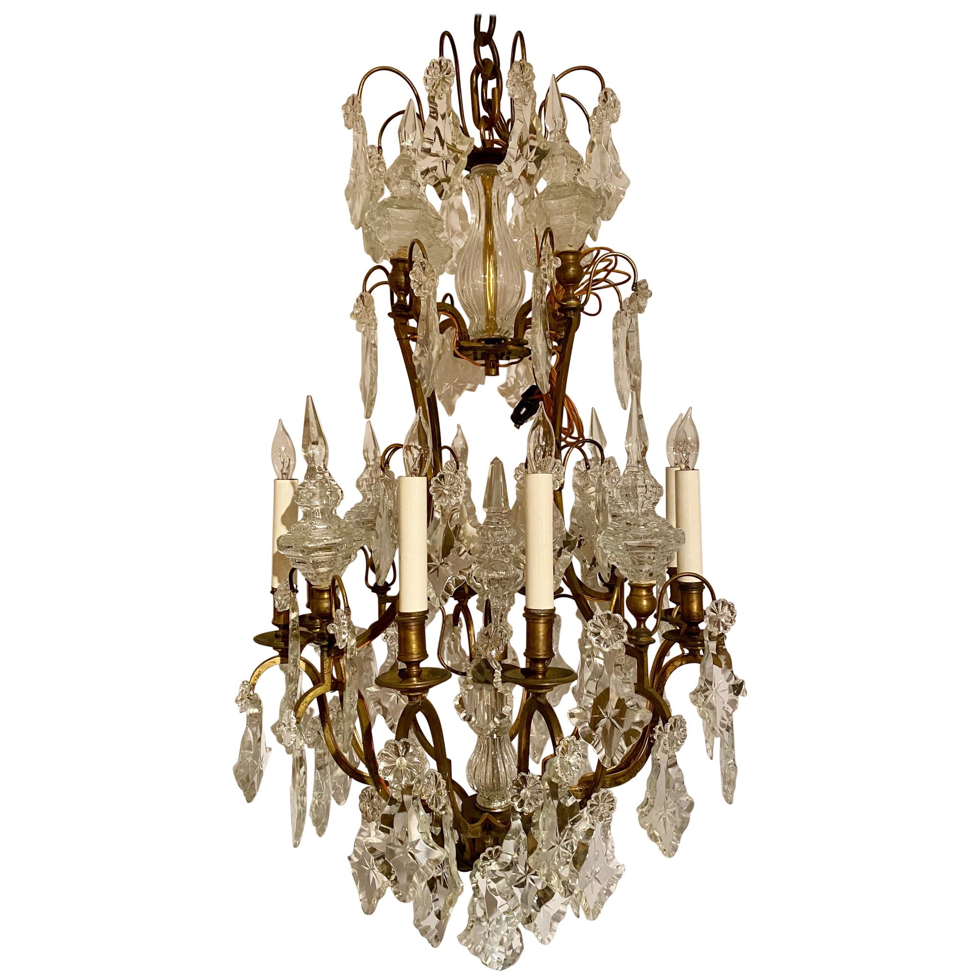 Antique French Baccarat Crystal and Original Bronze Chandelier For Sale