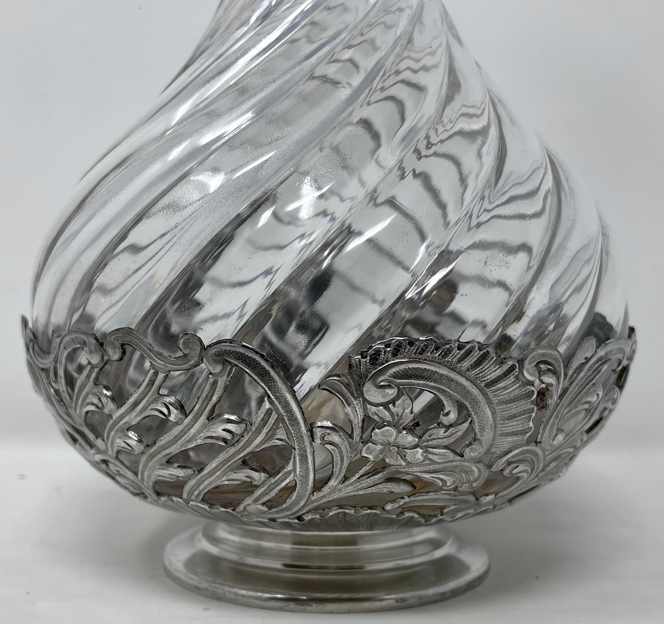 XIX secolo Antique French Baccarat Crystal and Silver Overlay Claret Bottles, crca 1825-35 in vendita