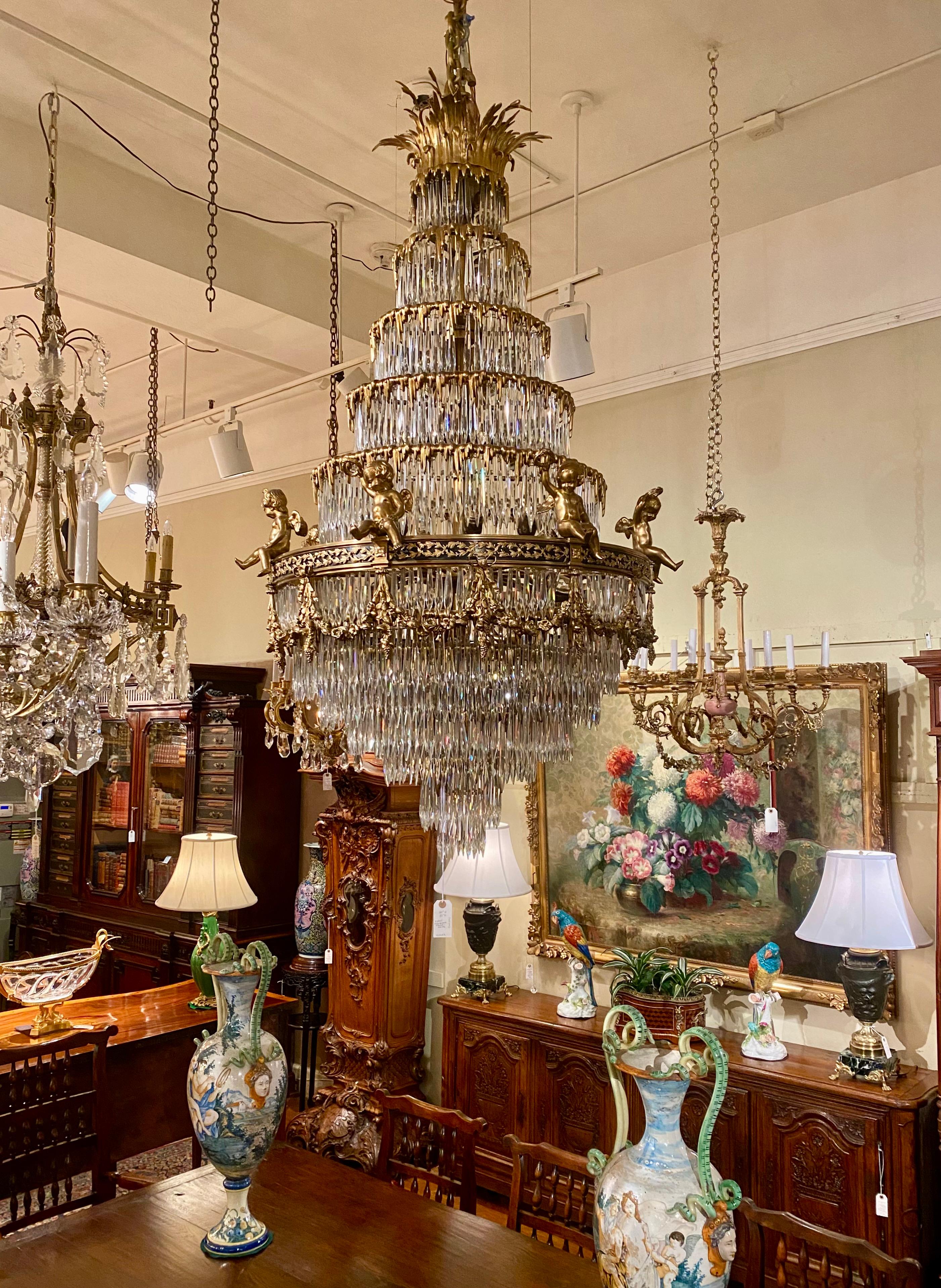 Antique French Baccarat Crystal & Bronze D'Ore Waterfall Chandelier, Circa 1880s For Sale 8