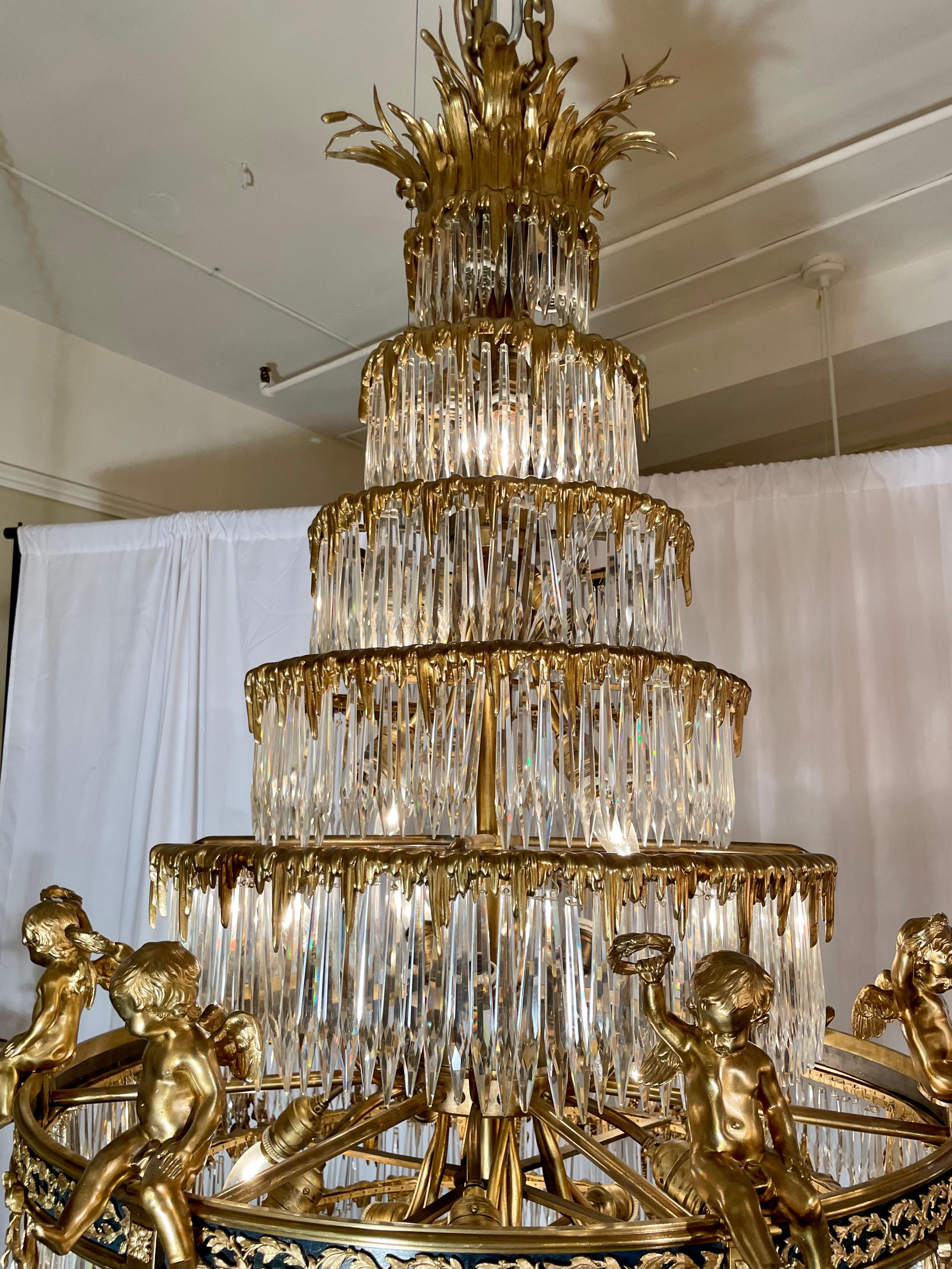 Antique French Baccarat Crystal & Bronze D'Ore Waterfall Chandelier, Circa 1880s In Good Condition For Sale In New Orleans, LA