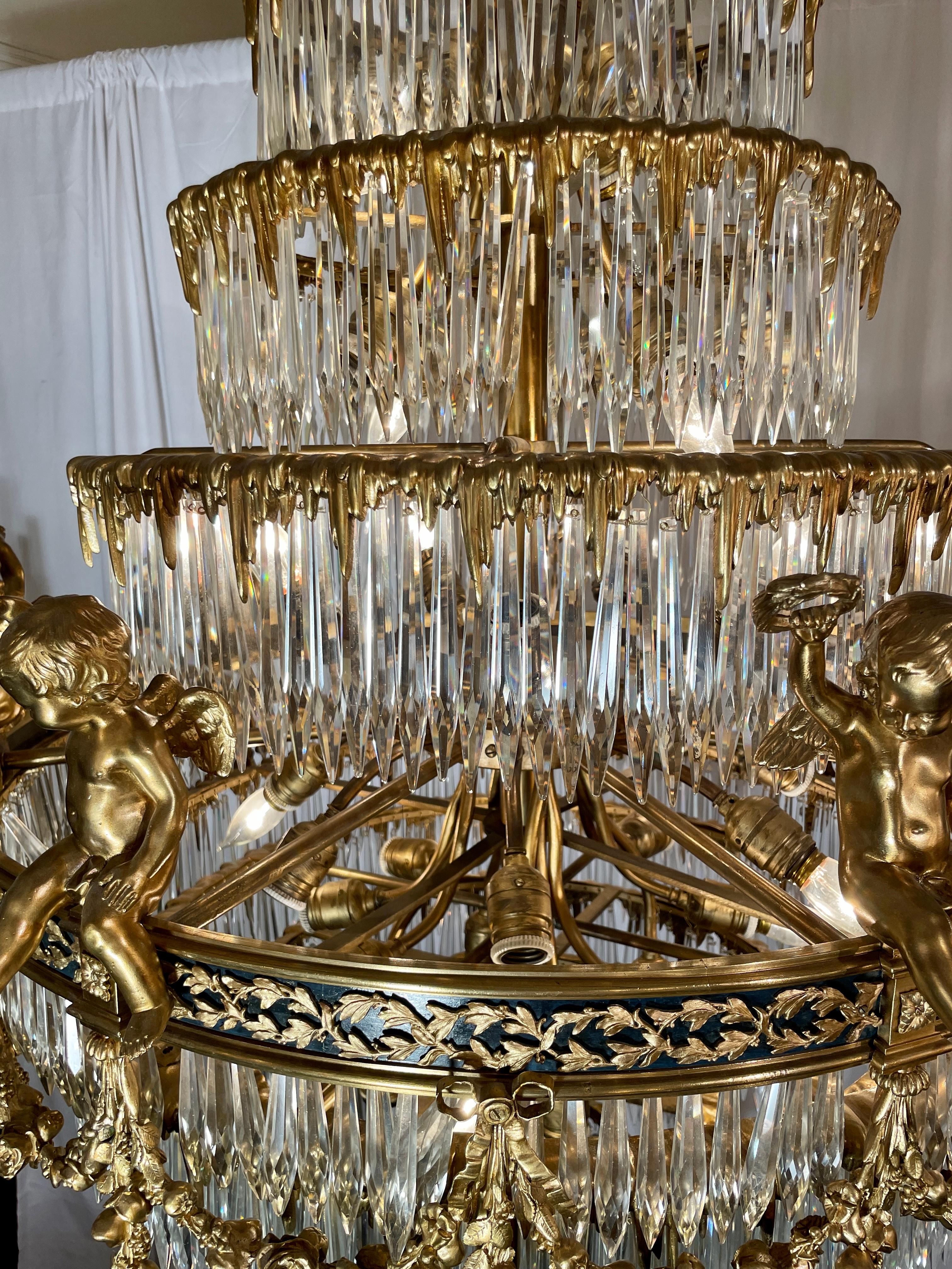 19th Century Antique French Baccarat Crystal & Bronze D'Ore Waterfall Chandelier, Circa 1880s For Sale