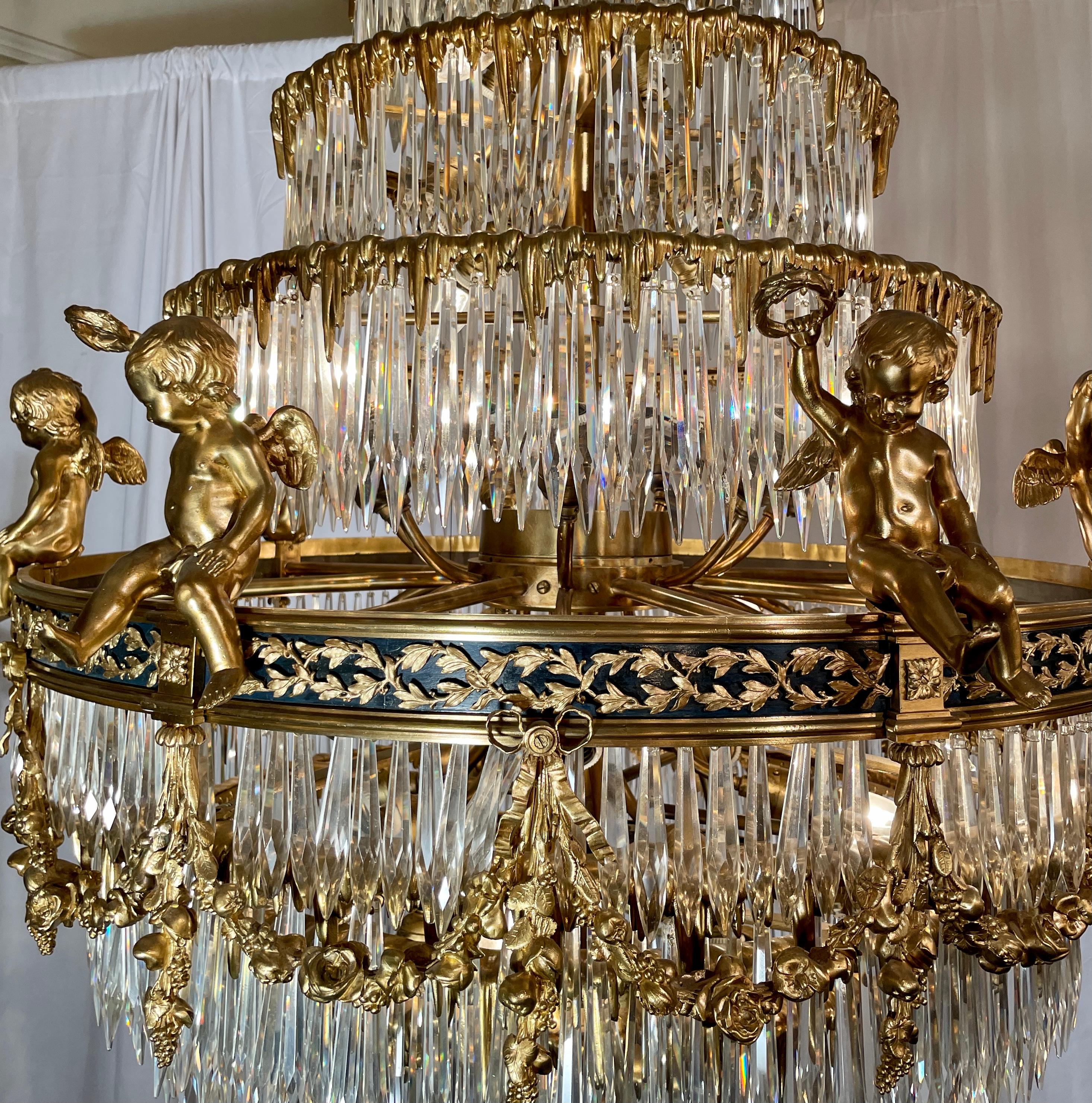 Antique French Baccarat Crystal & Bronze D'Ore Waterfall Chandelier, Circa 1880s For Sale 1
