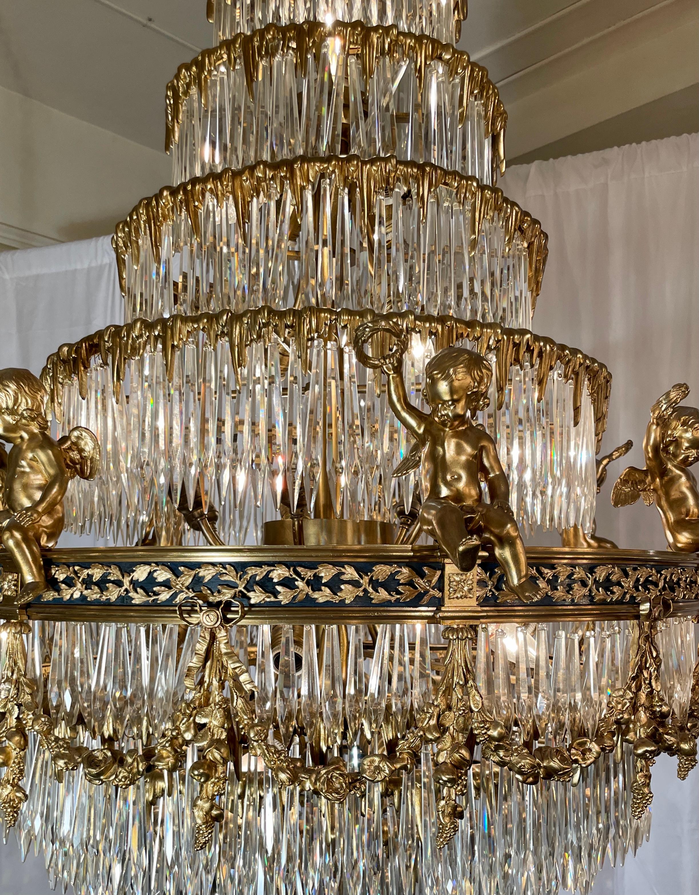 Antique French Baccarat Crystal & Bronze D'Ore Waterfall Chandelier, Circa 1880s For Sale 2