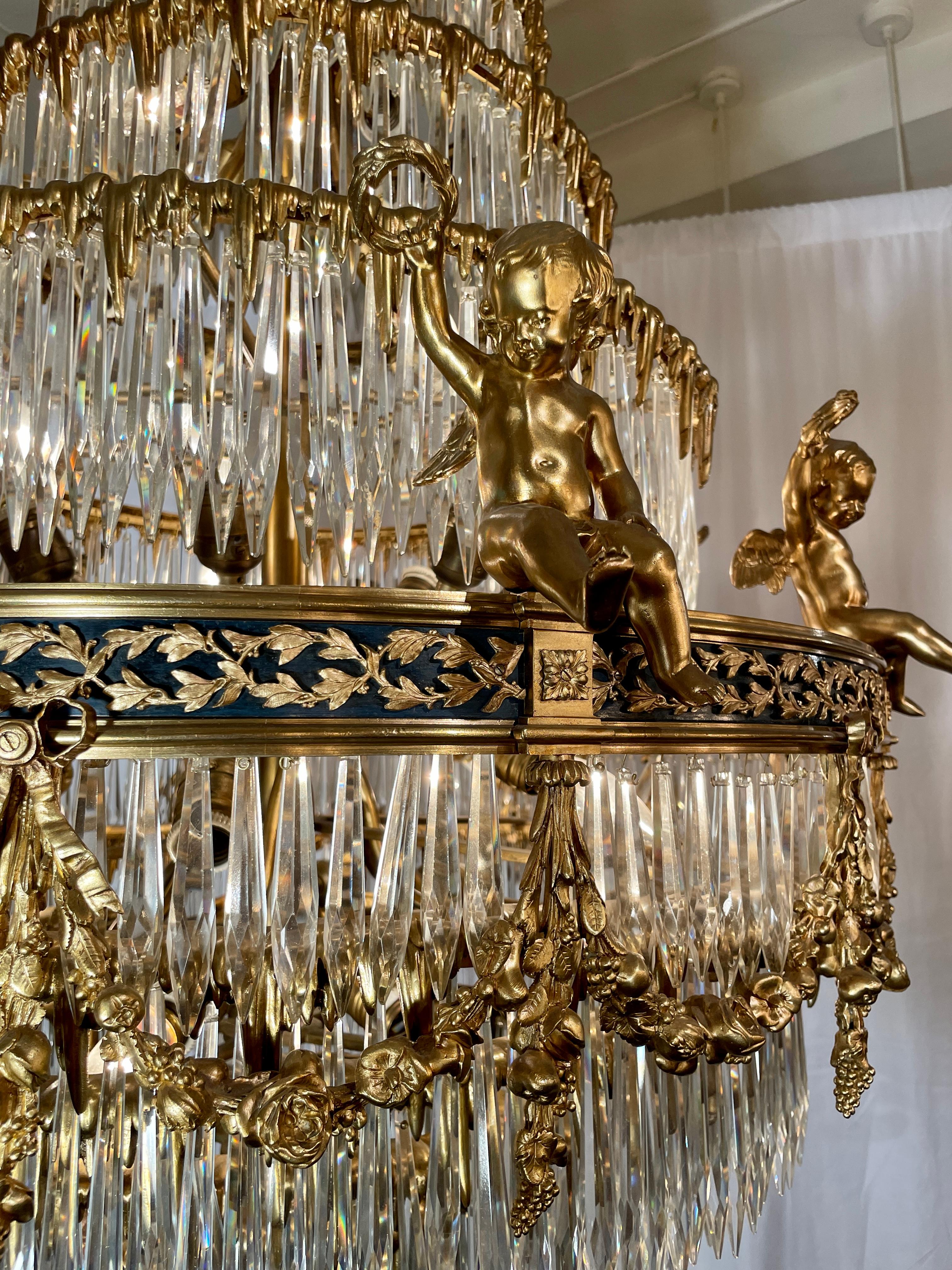 Antique French Baccarat Crystal & Bronze D'Ore Waterfall Chandelier, Circa 1880s For Sale 3