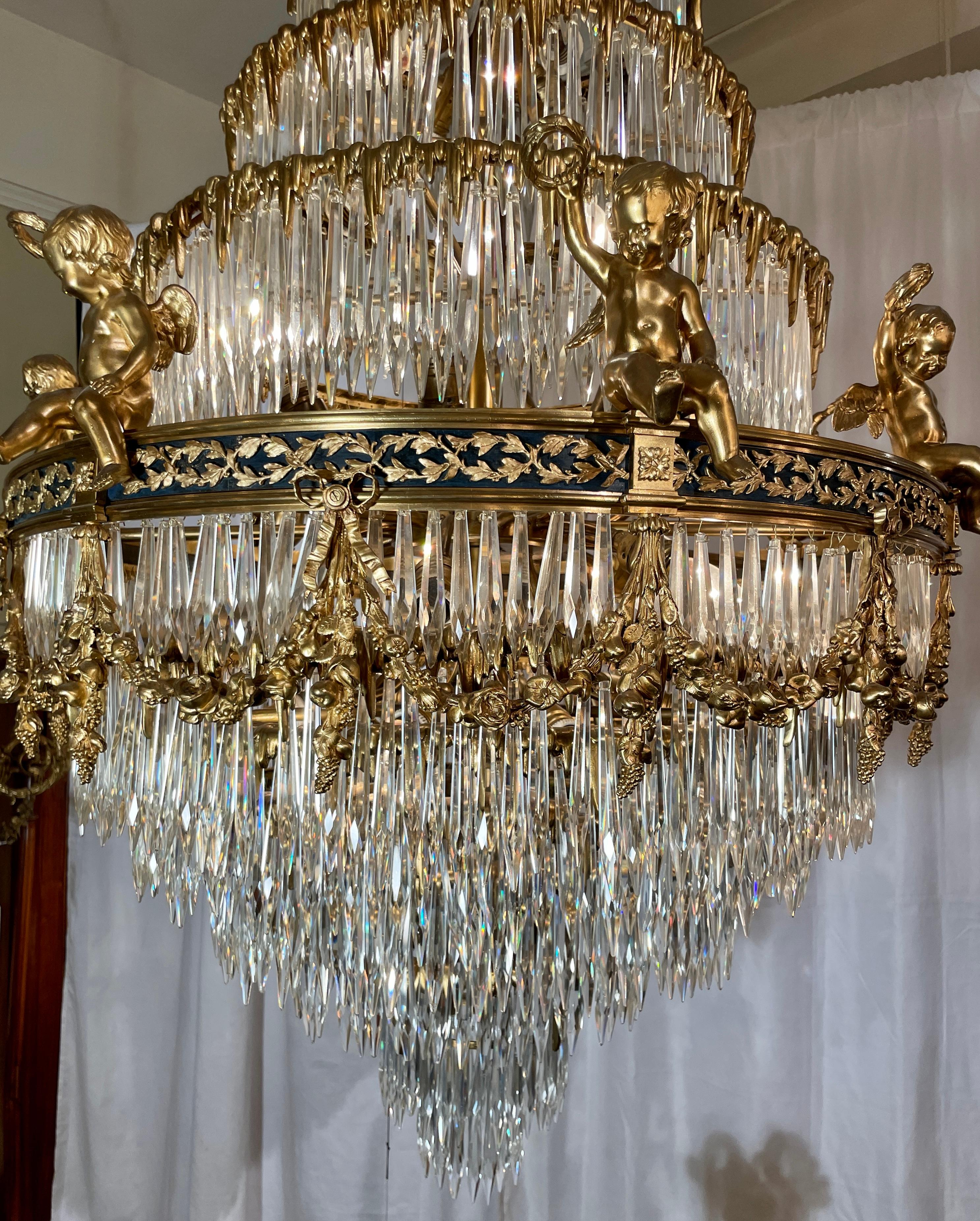 Antique French Baccarat Crystal & Bronze D'Ore Waterfall Chandelier, Circa 1880s For Sale 4