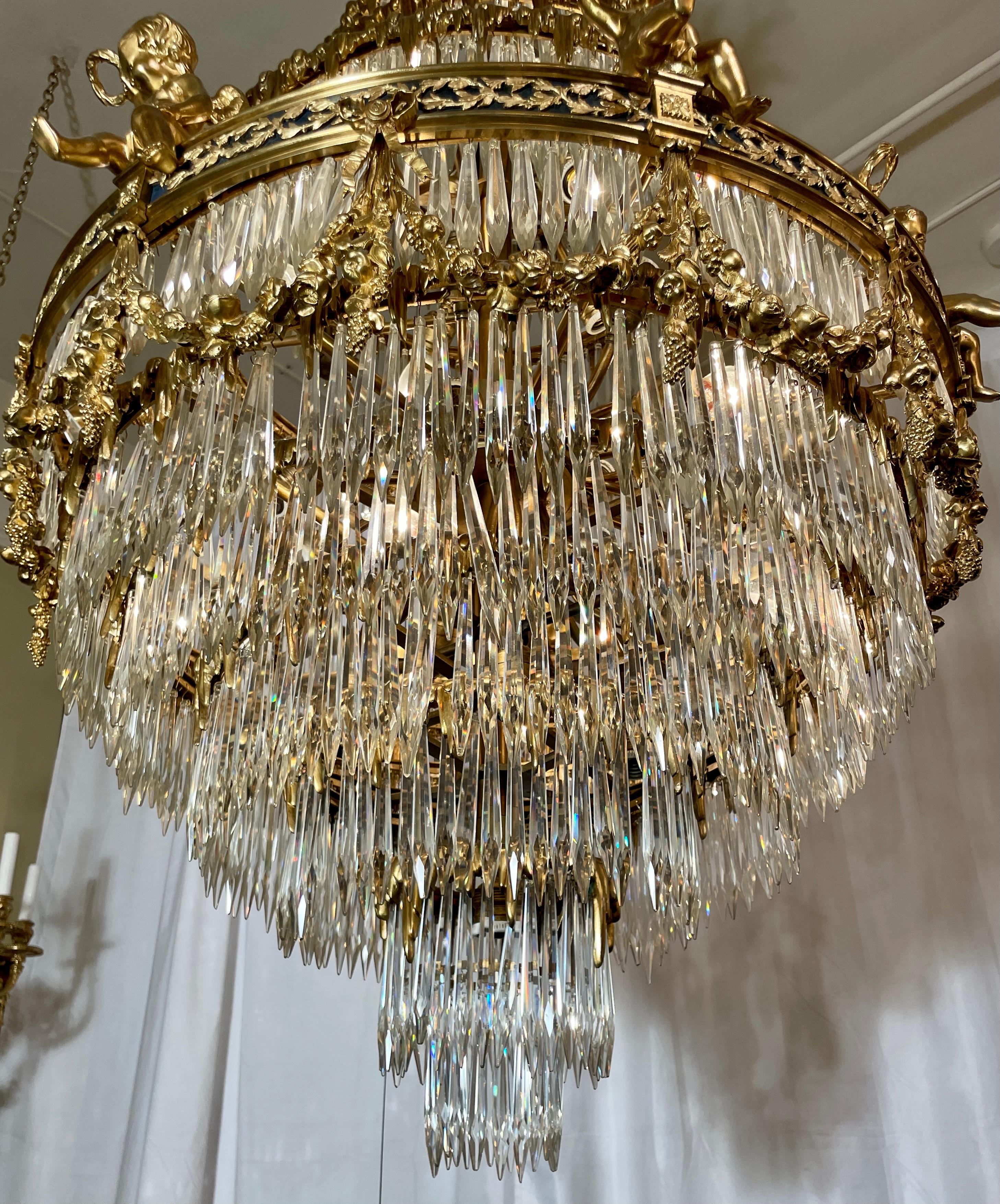 Antique French Baccarat Crystal & Bronze D'Ore Waterfall Chandelier, Circa 1880s For Sale 5