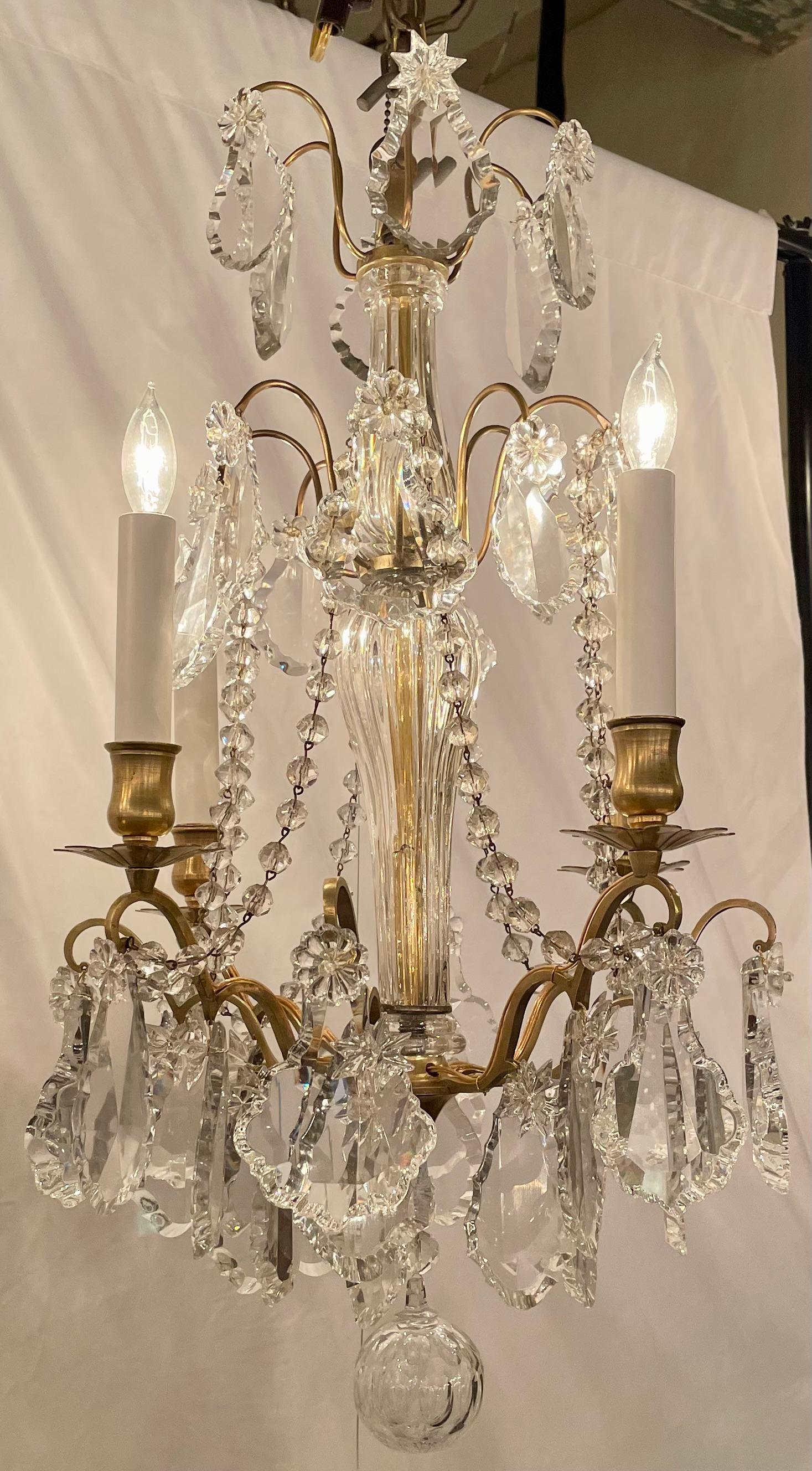 Antique French Baccarat Crystal & Gold Bronze 4 Light Chandelier, Circa 1890-1900.
