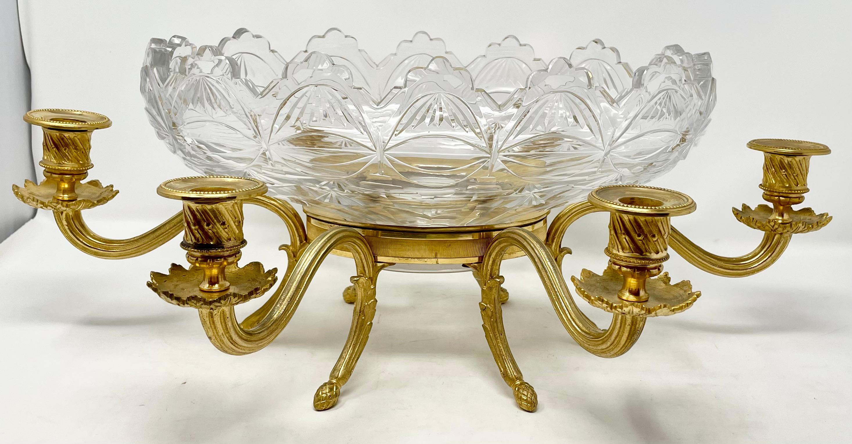 Antique French Baccarat crystal & gold bronze centerpiece bowl with candelabra, circa 1885.