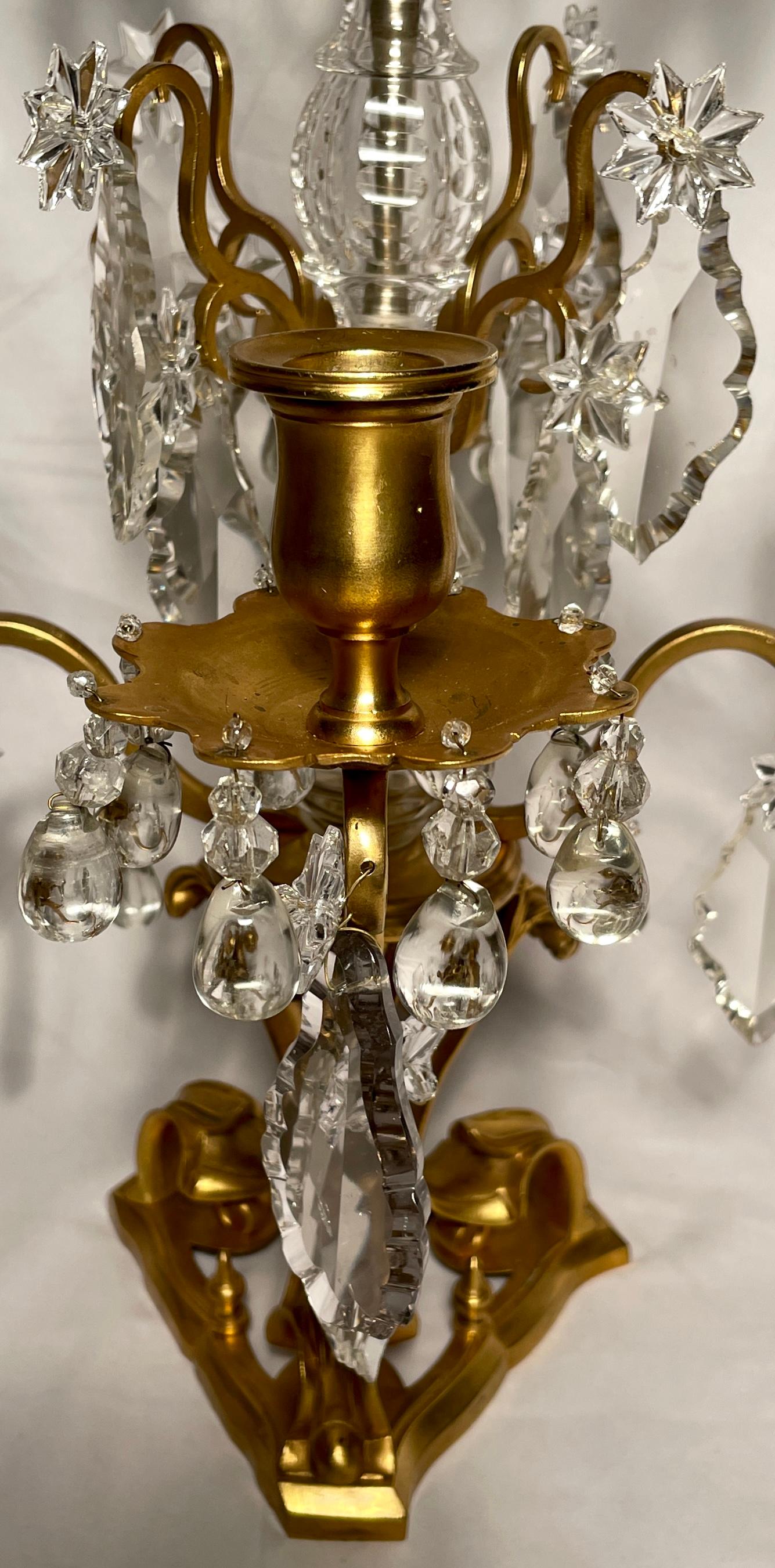19th Century Antique French Baccarat Crystal & Gold Bronze Girandoles Candelabra, Circa 1885.