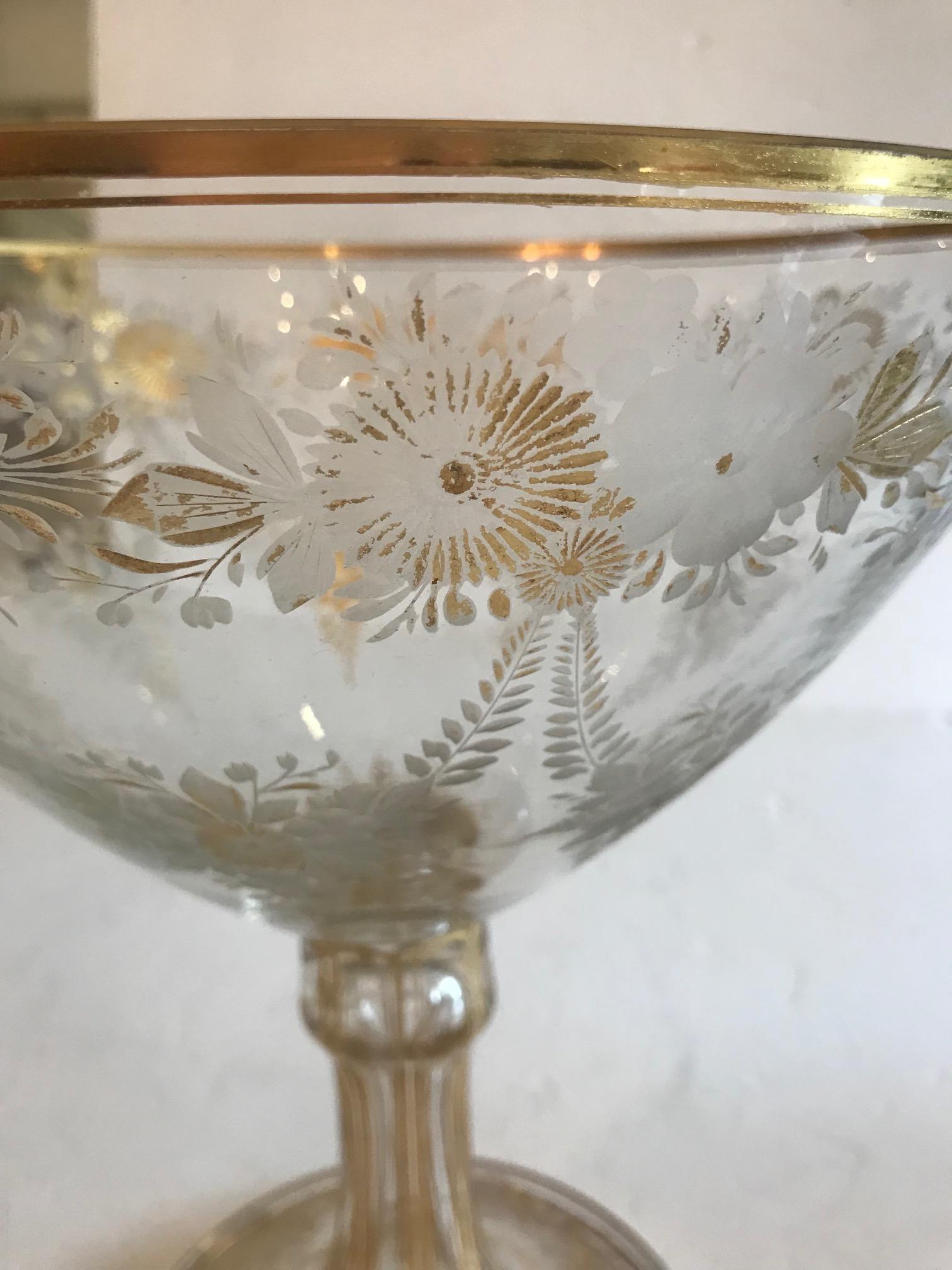 Beautiful French Baccarat antique vessel or centerpiece of etched glass with lovely gold designs. Top Opening 10.25 Diameter
Bottom Base 6.5 Diameter
Some loss of gold.