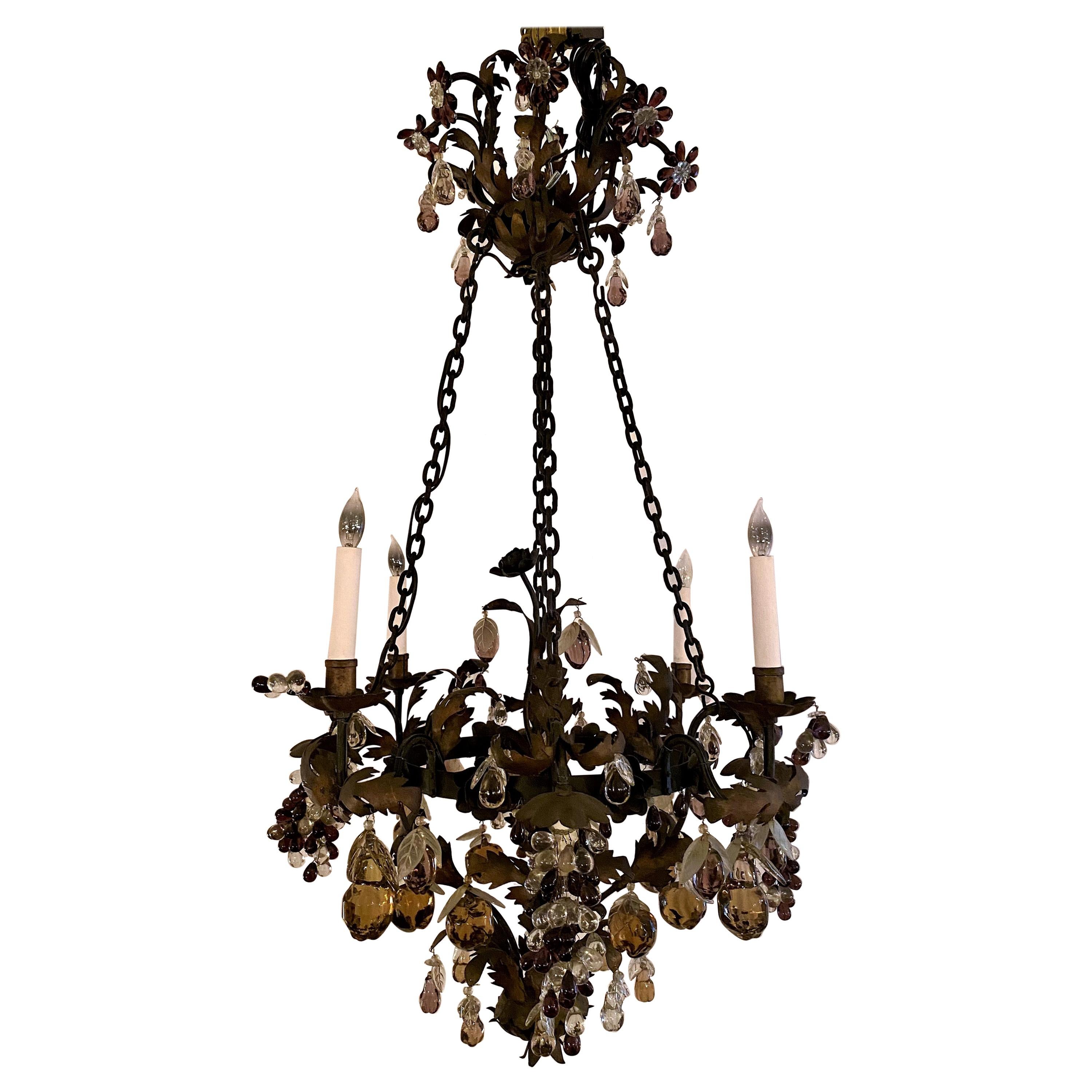 Antique French Baccarat Multicolored Crystal & Tole Chandelier, circa 1820-1840 For Sale